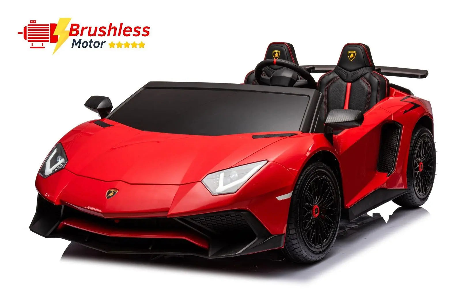 Red 2-seater Lamborghini Aventador kids ride-on car with brushless motor, black accents.