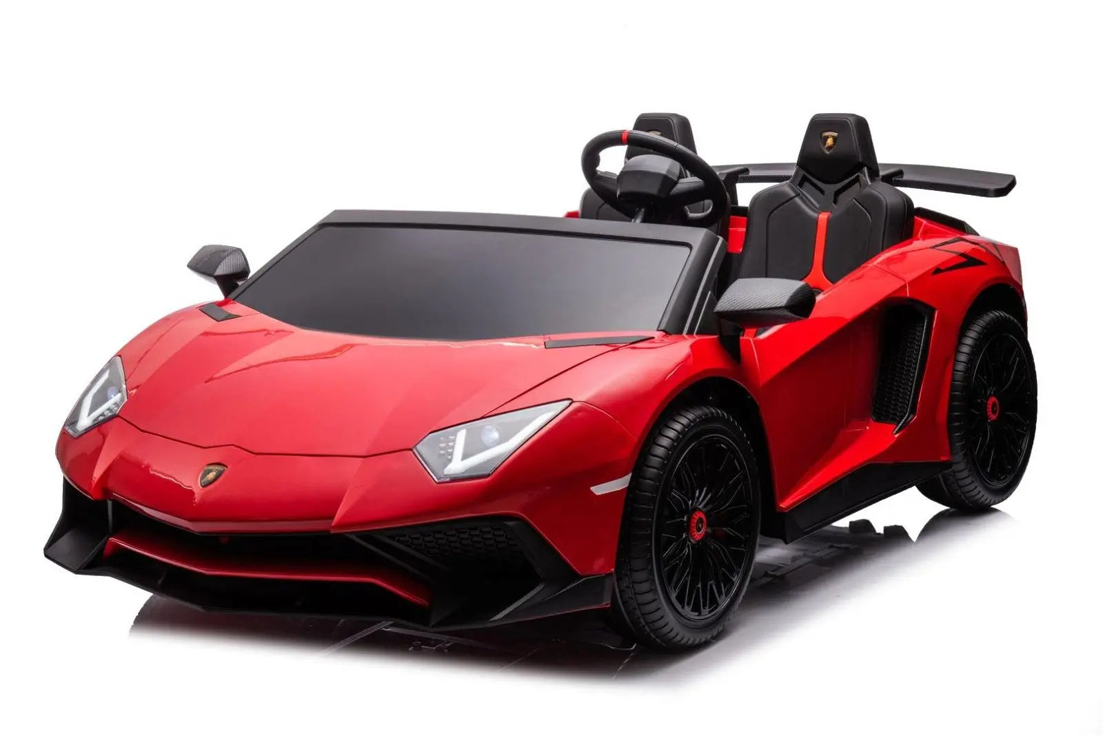 Red Lamborghini Aventador two-seater ride-on toy car for kids with black wheels and detailed seats