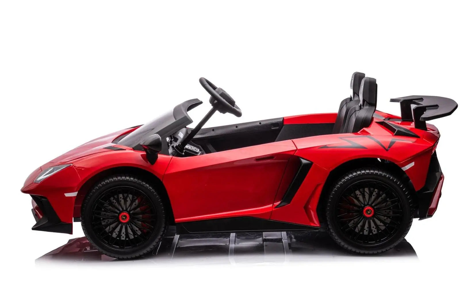 red 2-seater Lamborghini Aventador kids ride-on car with black seats and sporty design