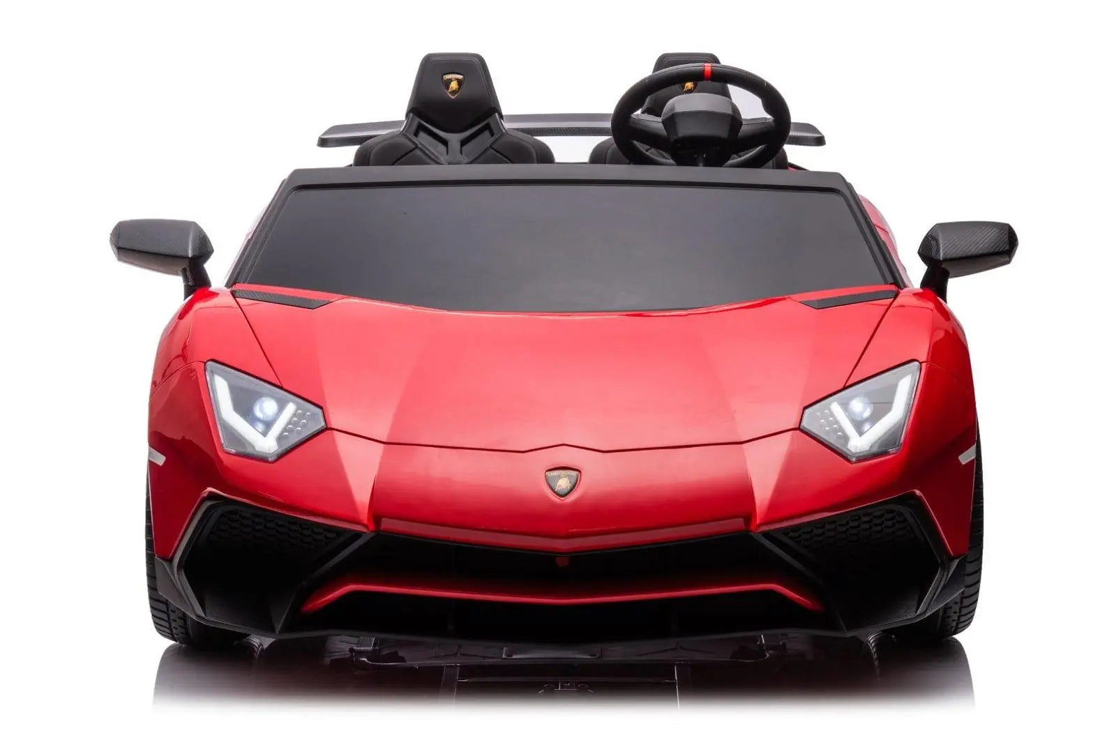 Red 2-seater Lamborghini Aventador ride-on car for kids, front view with LED headlights
