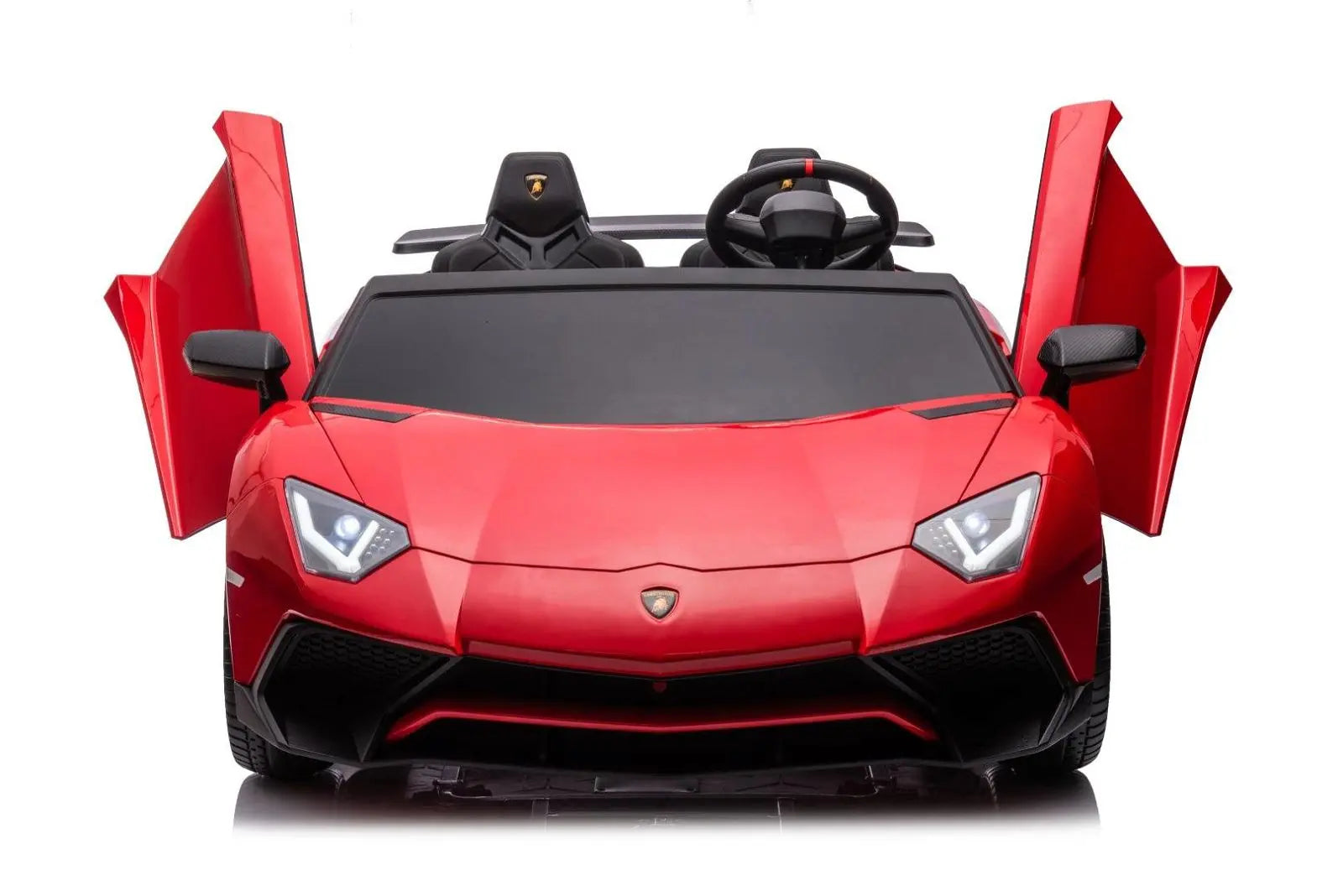 Red Lamborghini Aventador kids ride-on car with open scissor doors, front view