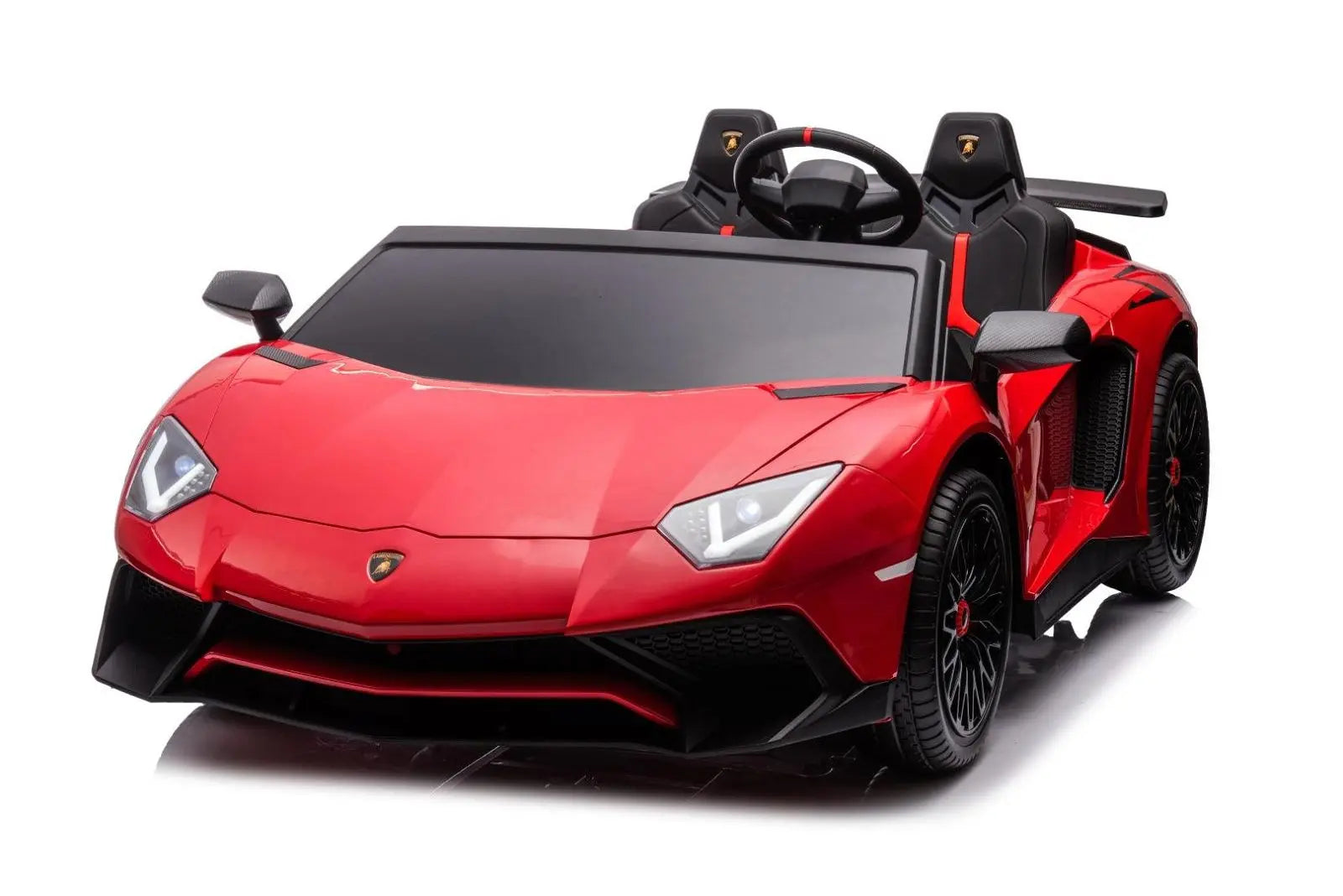 Red two-seater Lamborghini Aventador ride-on toy car for kids with black accents