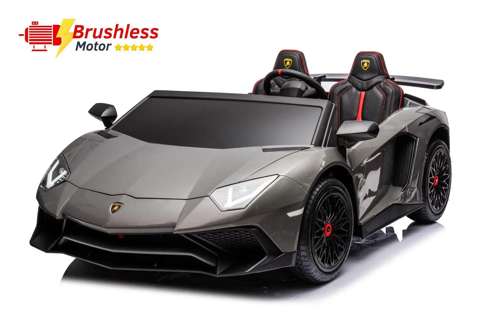 Grey 2-seater Lamborghini Aventador ride-on car for kids with brushless motor and black wheels