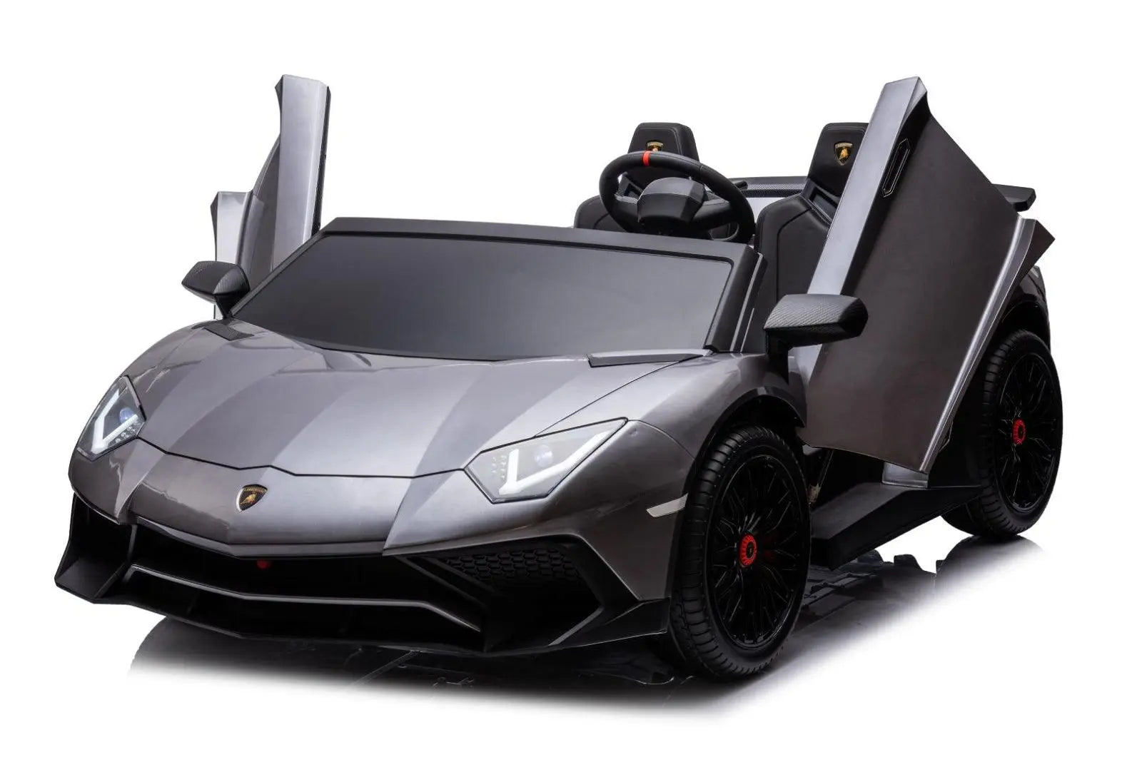 Grey 2-seater Lamborghini Aventador kids ride-on car with open scissor doors and black wheels
