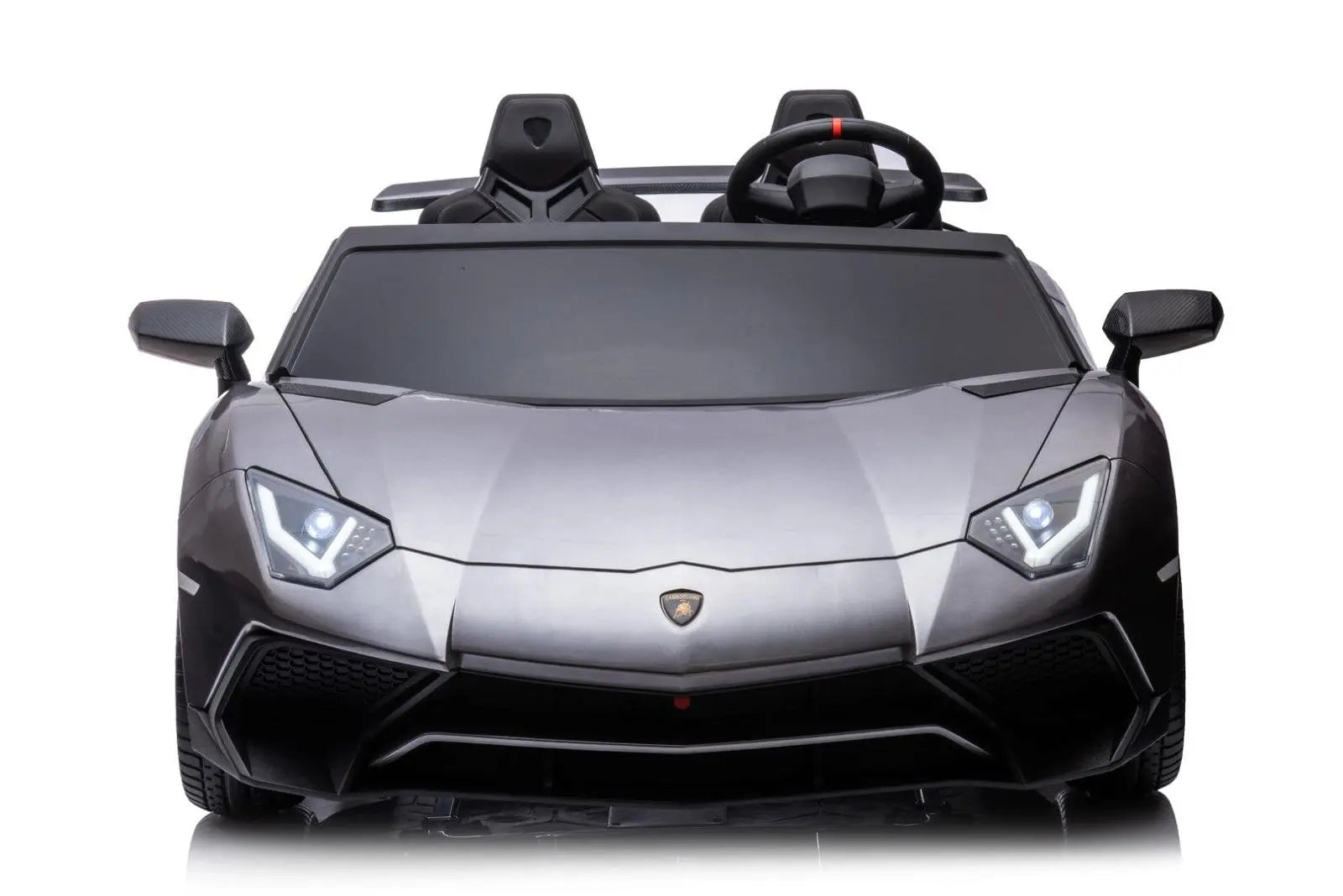 Gray Lamborghini Aventador 2-seater kids ride-on car with LED headlights, front view