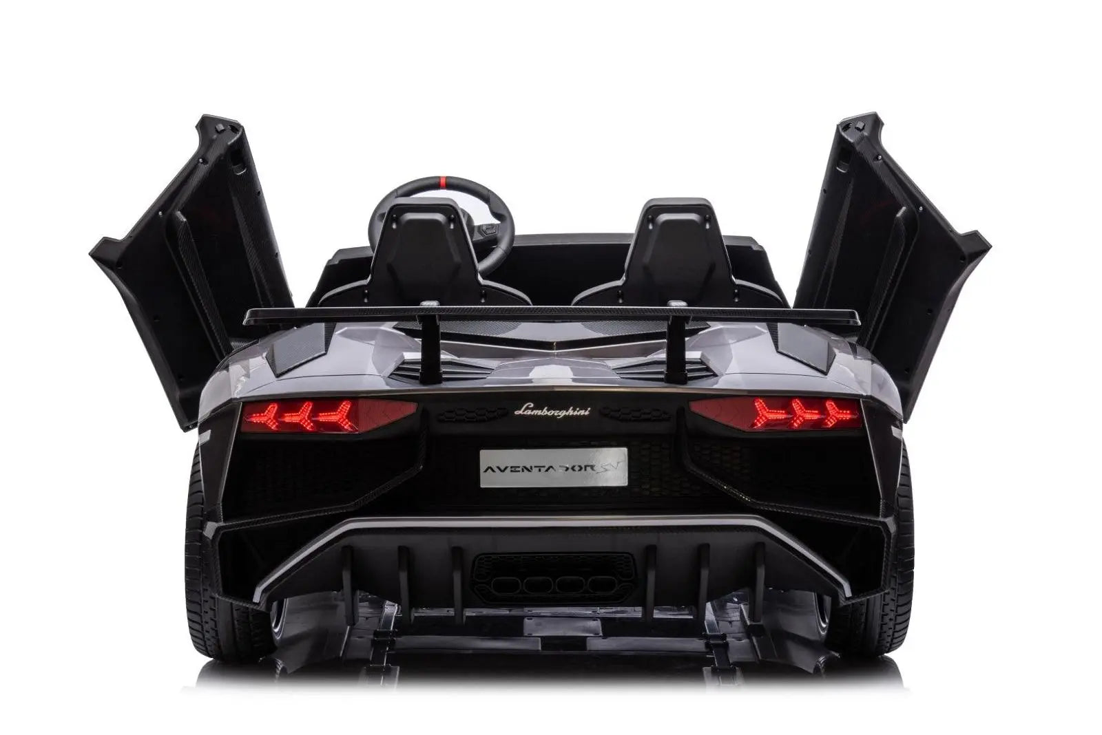 Rear view of a kids’ 2-seater ride-on Lamborghini Aventador toy car with open scissor doors