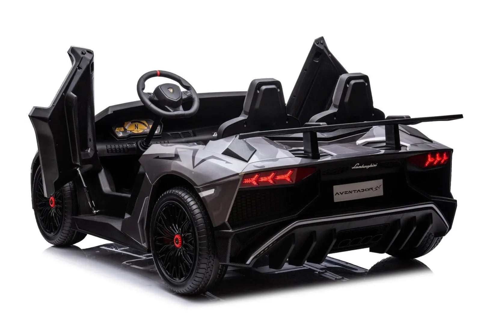 Black 2-seater Lamborghini Aventador ride-on toy car for kids with open scissor doors