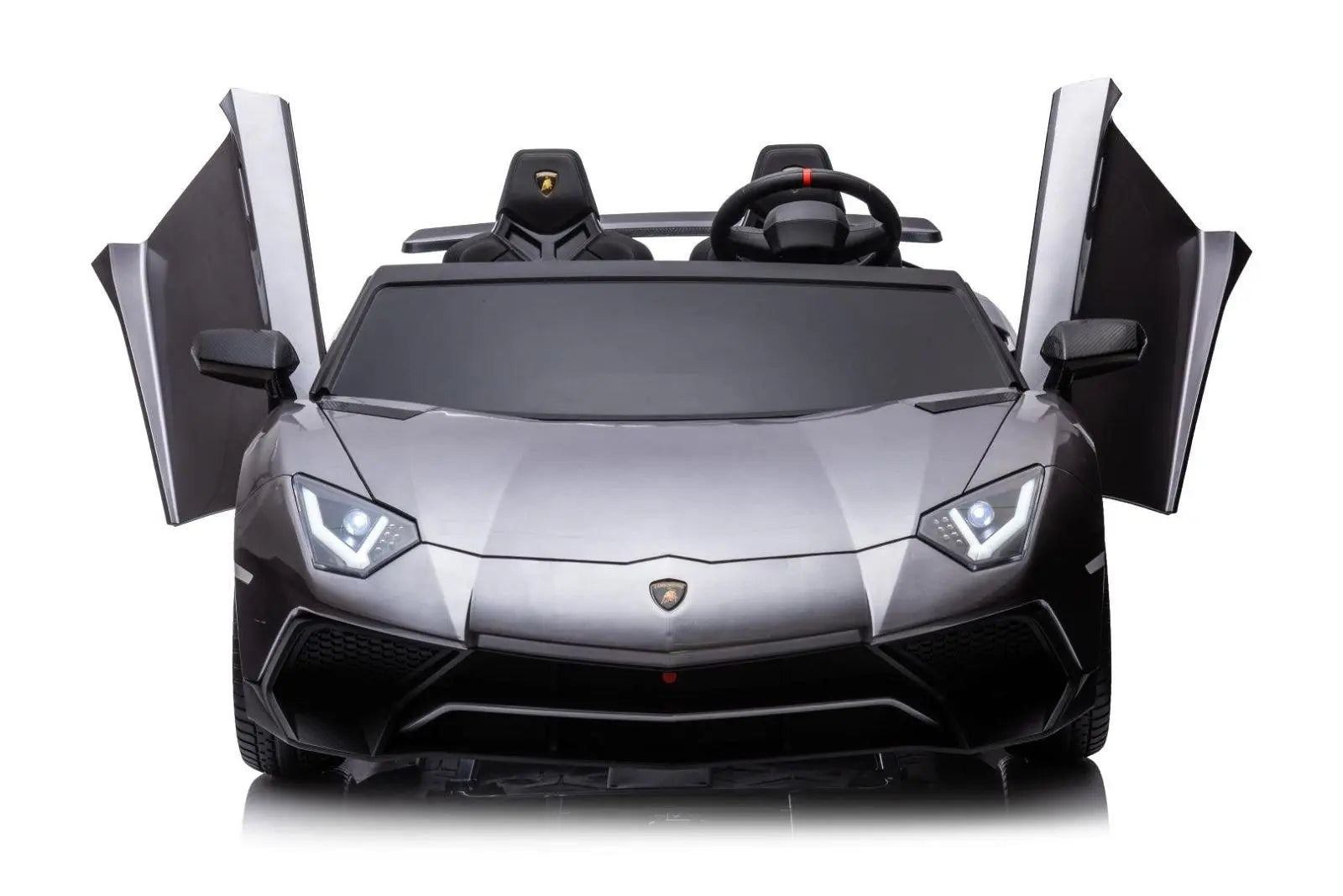 Gray Lamborghini Aventador 2-seater kids ride-on car with scissor doors open, front view