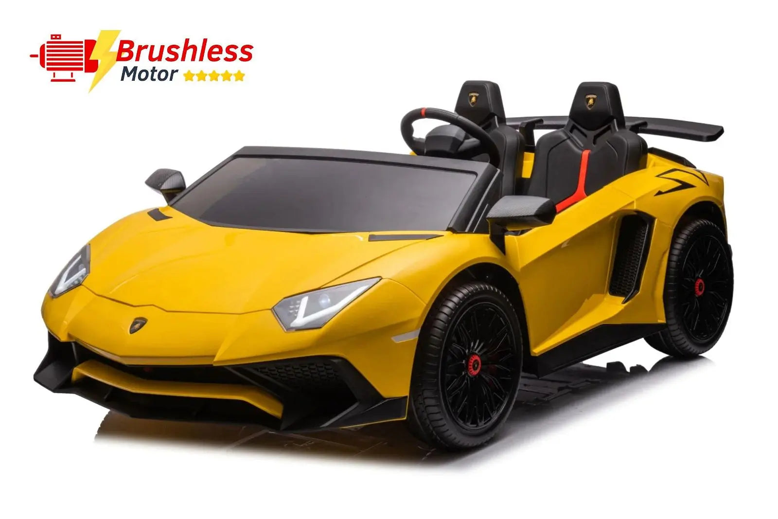 Yellow 2-seater kids ride-on Lamborghini car with brushless motor, black wheels, and sporty design.