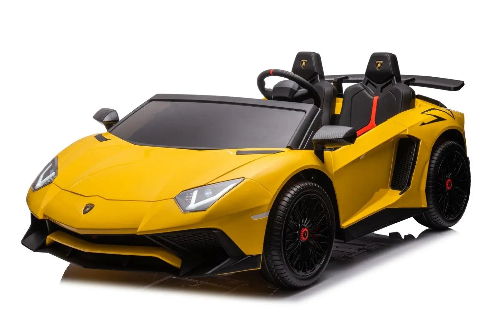 Yellow 2-seater ride-on Lamborghini Aventador toy car for kids with black wheels and seats