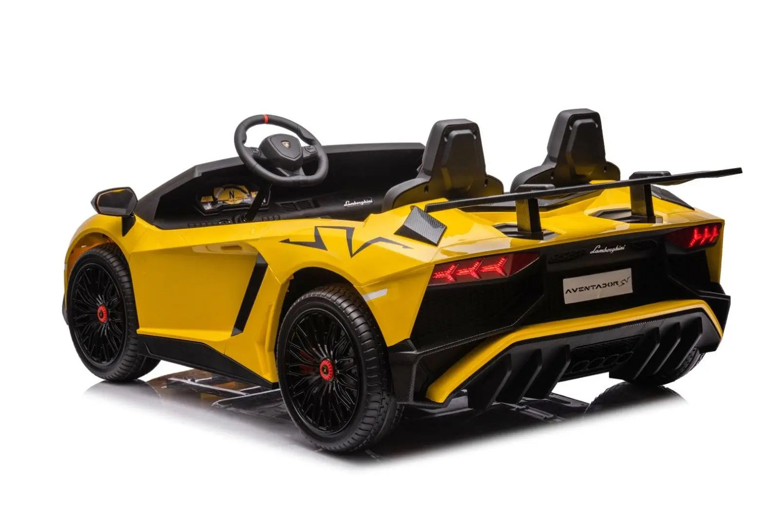 Yellow two-seater ride-on Lamborghini Aventador toy car for kids, rear view