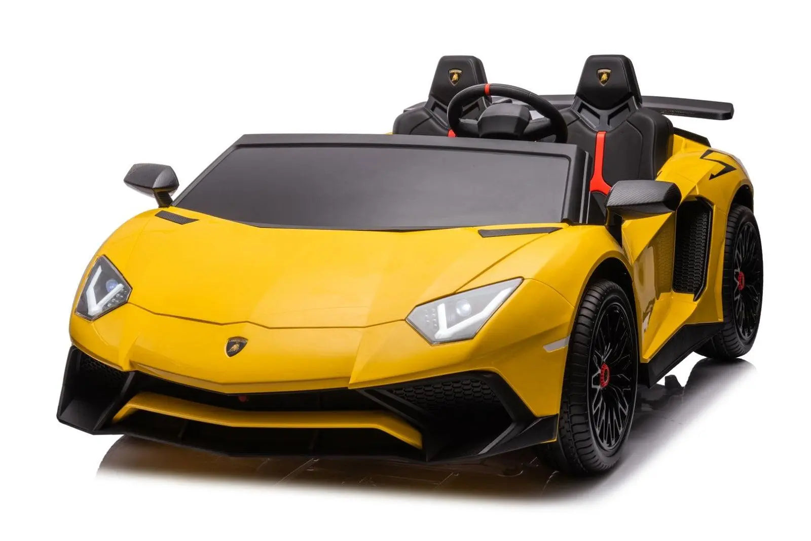 Yellow 2-seater ride on Lamborghini Aventador toy car for kids with black accents