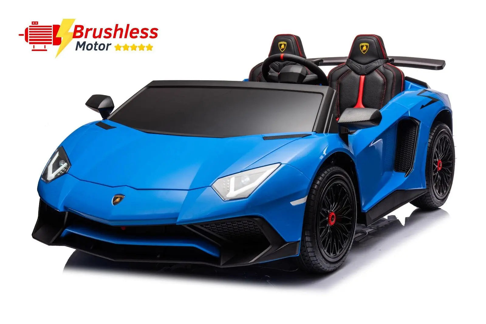 Blue Lamborghini Aventador 2-seater kids ride-on car with brushless motor and black seats