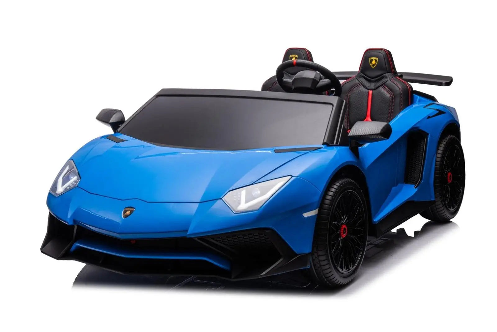 Blue two-seater kids ride-on car styled like a Lamborghini with black seats and red accents.