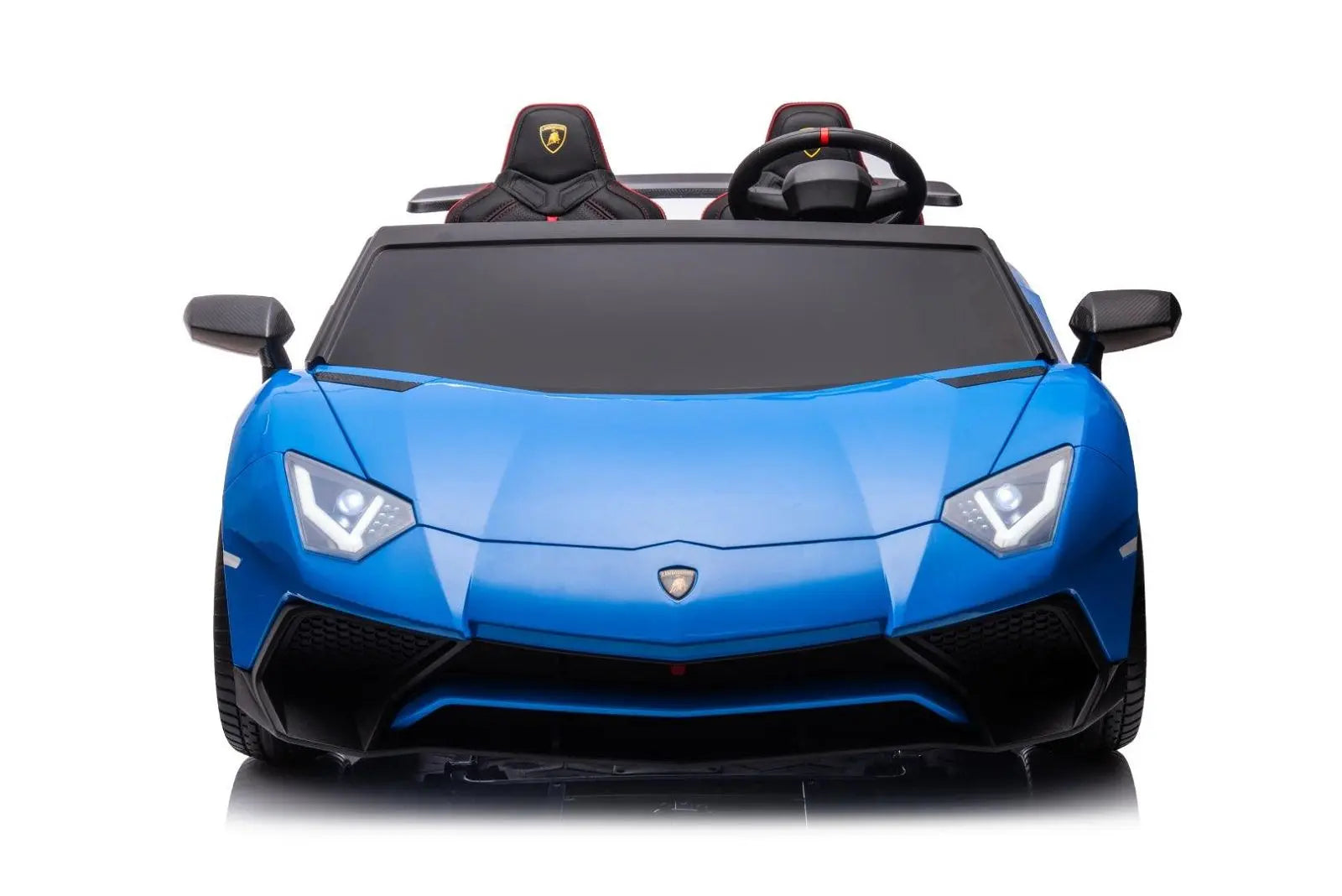 Blue two-seater Lamborghini Aventador kids ride-on car with LED headlights, front view