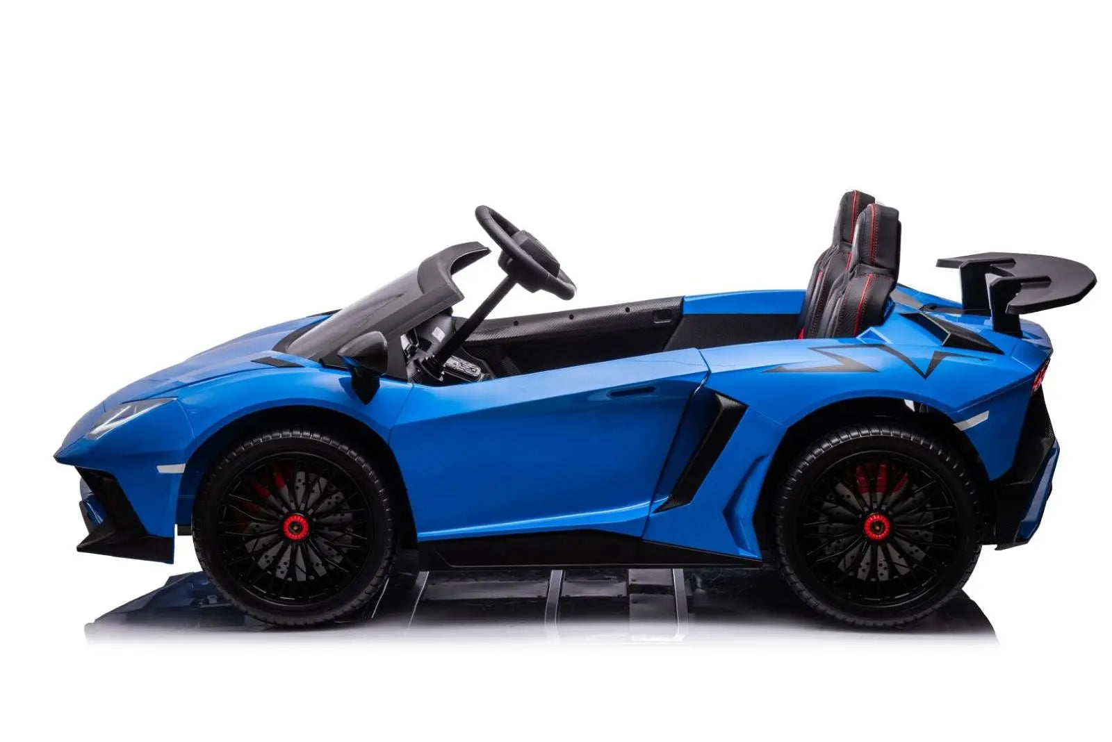 Blue two-seater kids ride-on sports car with black wheels and racing seat design