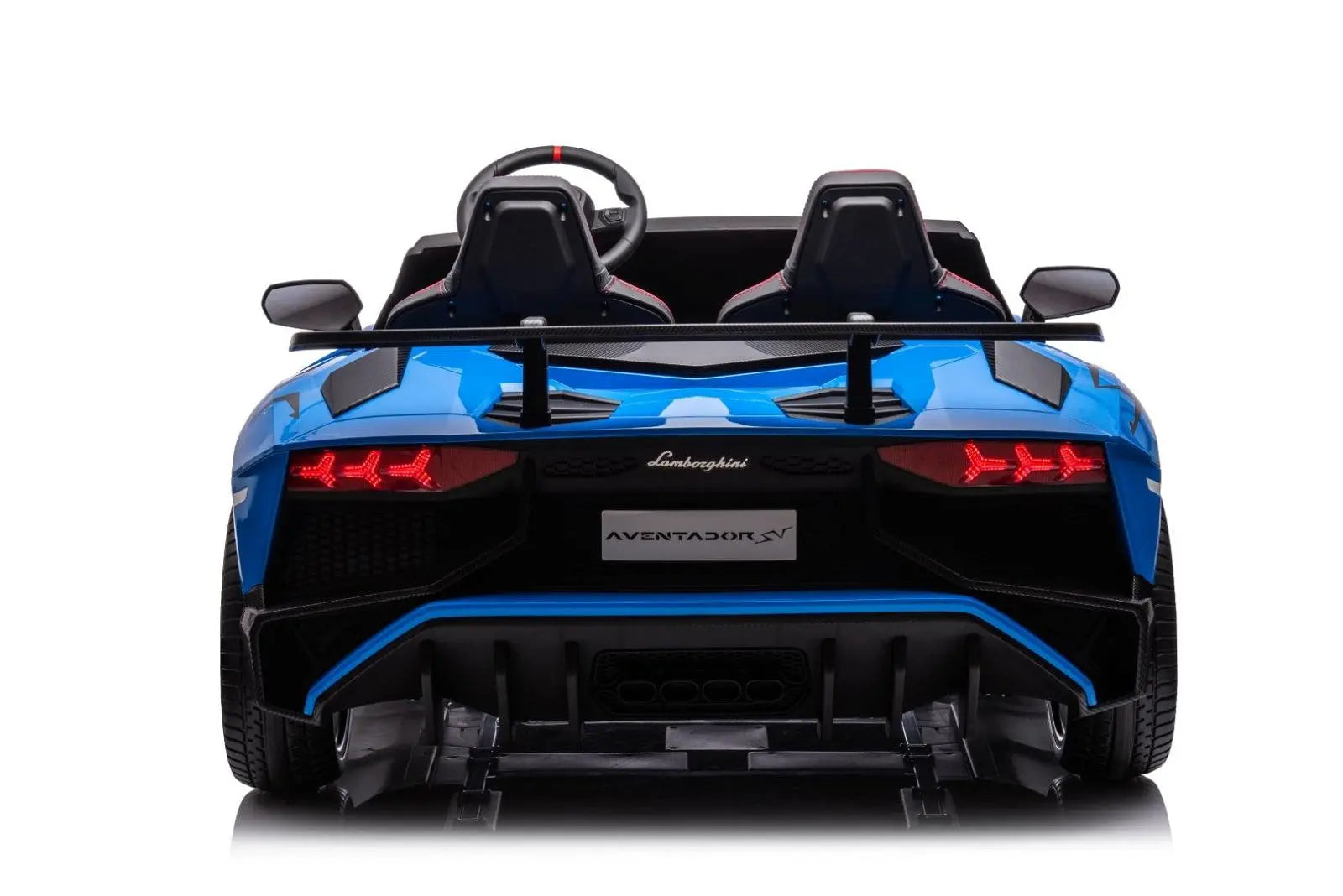 Rear view of blue 2-seater Lamborghini Aventador SV ride-on toy car for kids with LED lights