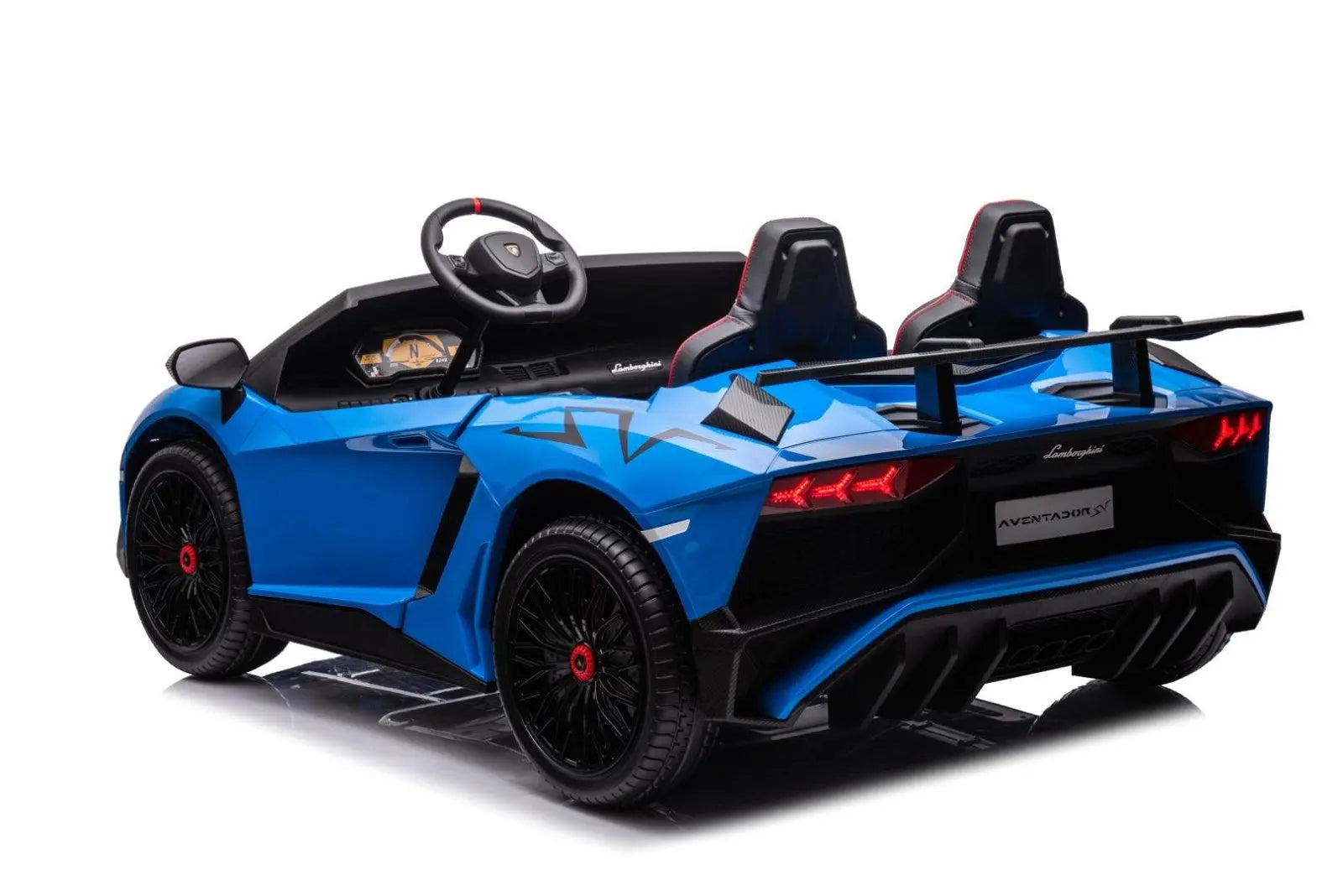 Blue 2-seater Lamborghini Aventador ride-on car for kids with detailed interior and rear spoiler