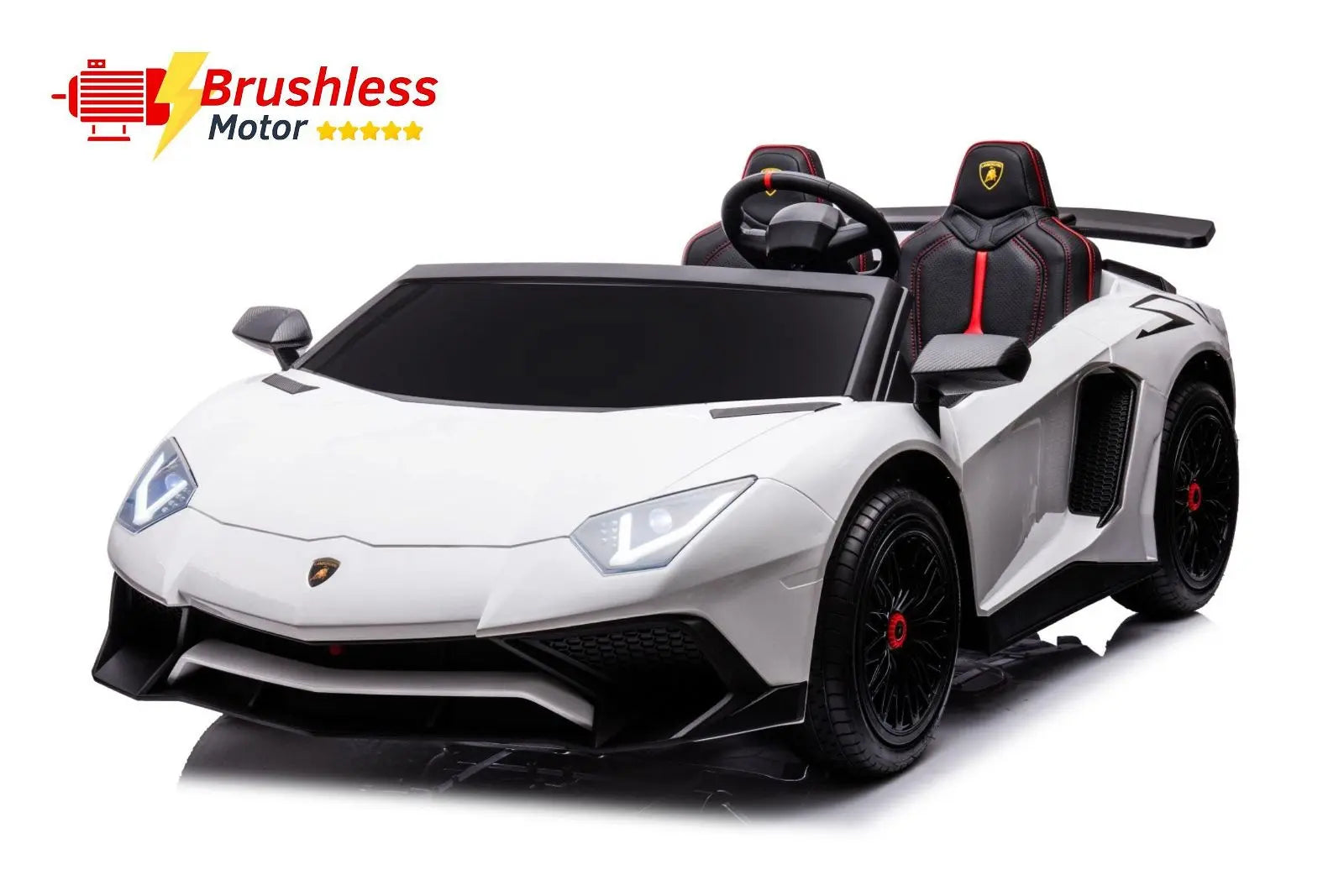 White 2-seater Lamborghini Aventador ride-on car for kids with brushless motor and black seats