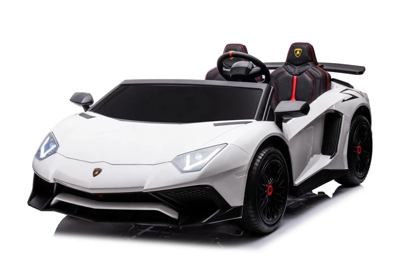 White Lamborghini Aventador two-seater kids ride-on car with LED headlights