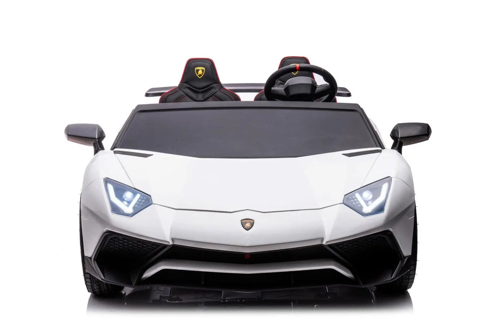 White 2-seater Lamborghini Aventador ride-on toy car for kids, front view with LED headlights