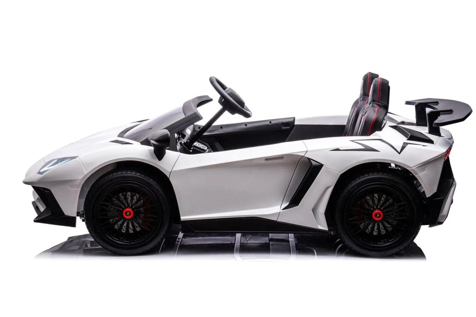 White 2-seater kids ride-on Lamborghini car with black wheels and sporty details