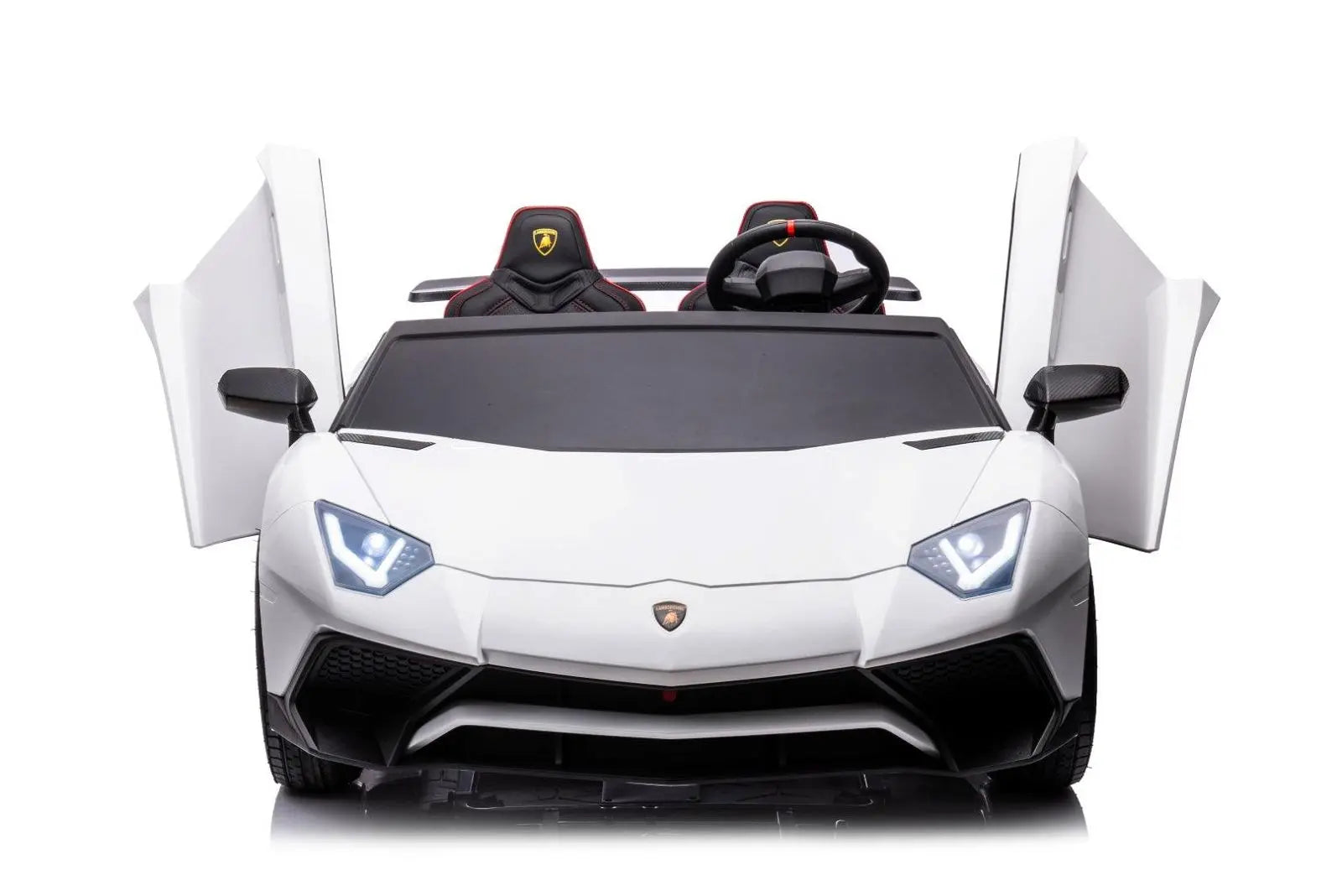 White 2-seater Lamborghini Aventador kids ride-on car with scissor doors open, front view