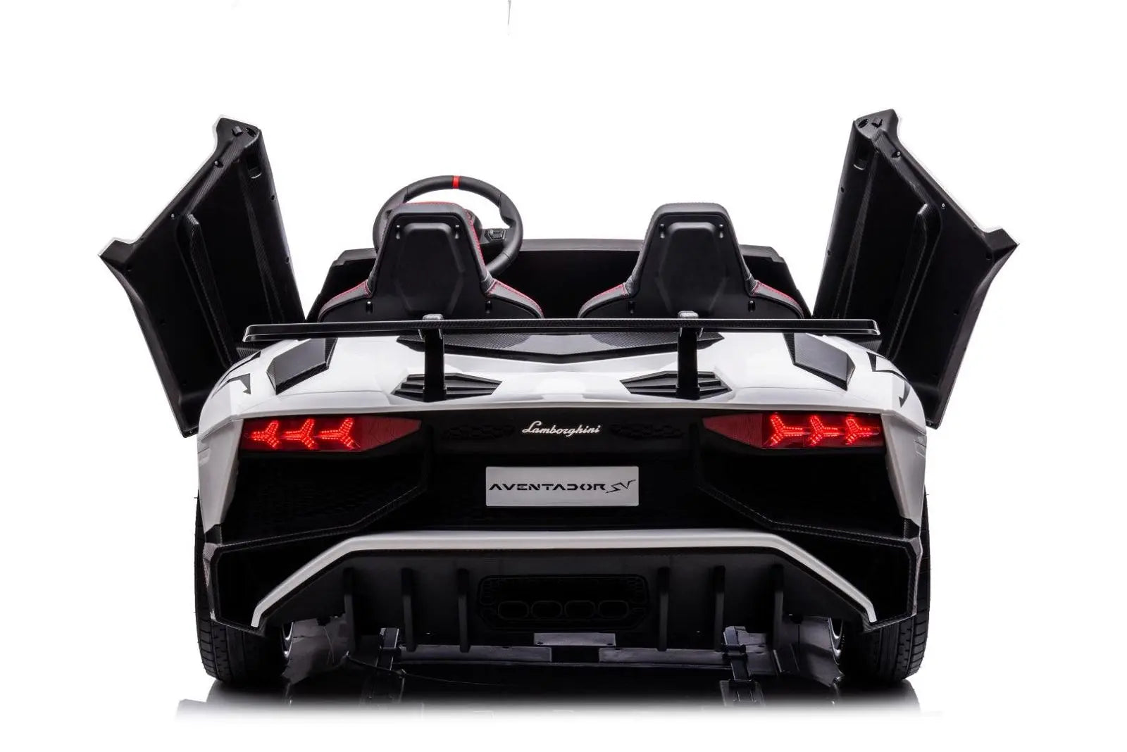 White 2-seater Lamborghini Aventador SV kids ride-on car with open scissor doors, rear view