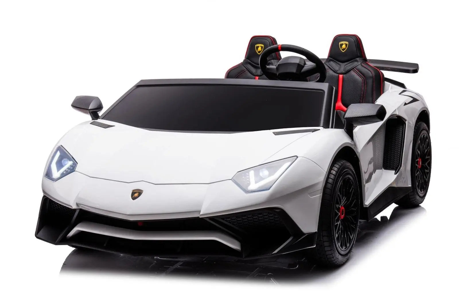 White 2-seater Lamborghini Aventador kids ride-on car with black wheels and detailed seats