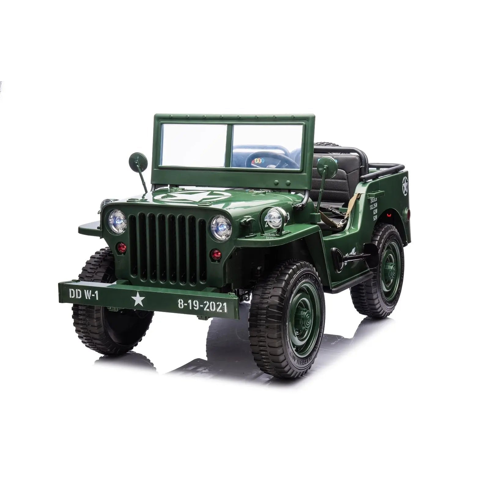 Green 24V military-style electric ride on Jeep toy with three seats, shown on white background.