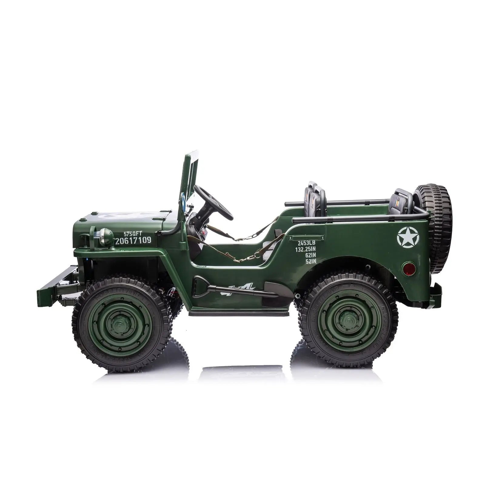 Green 24V military-style electric ride-on Jeep toy with three seats, rugged wheels, and star decals