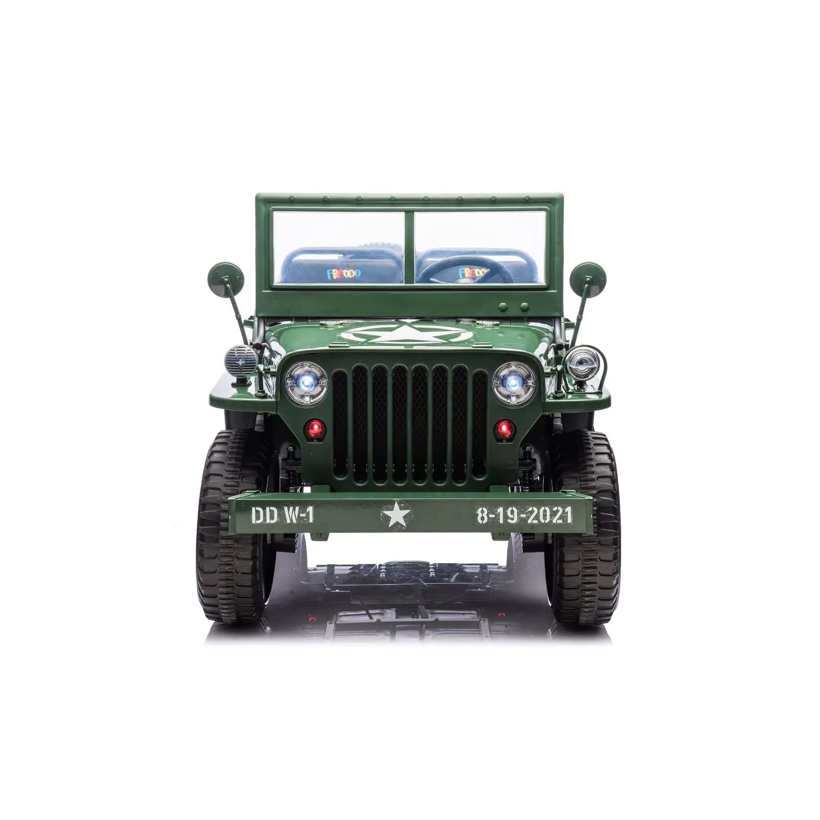 Green 24V electric ride-on military jeep toy with three seats, front view, rugged tires