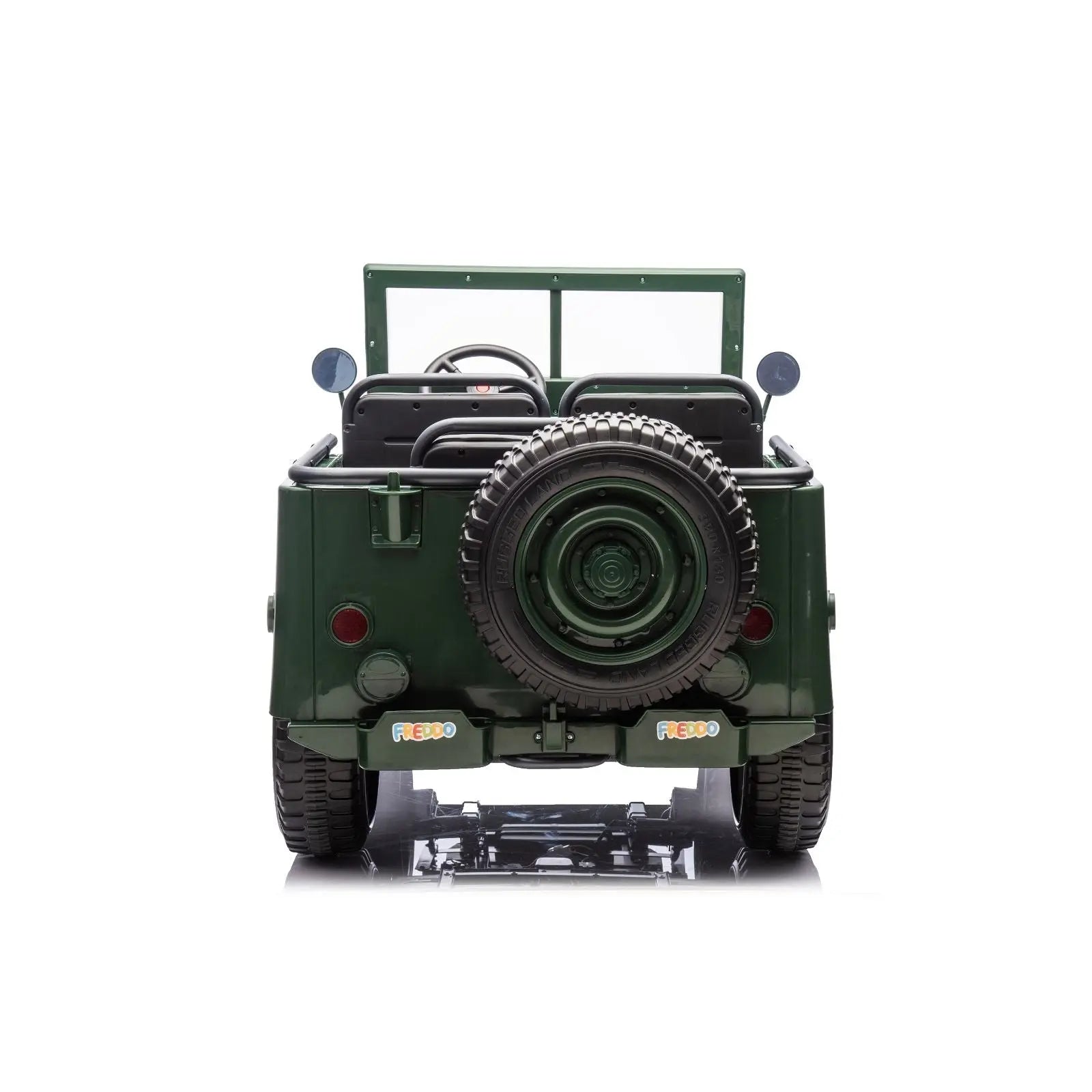 Rear view of green 3-seater electric ride-on military jeep for kids with spare tire