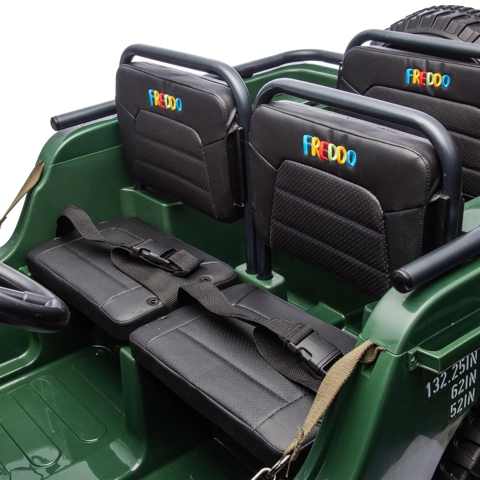 Green 3-seater electric ride-on military jeep with black seats and safety belts