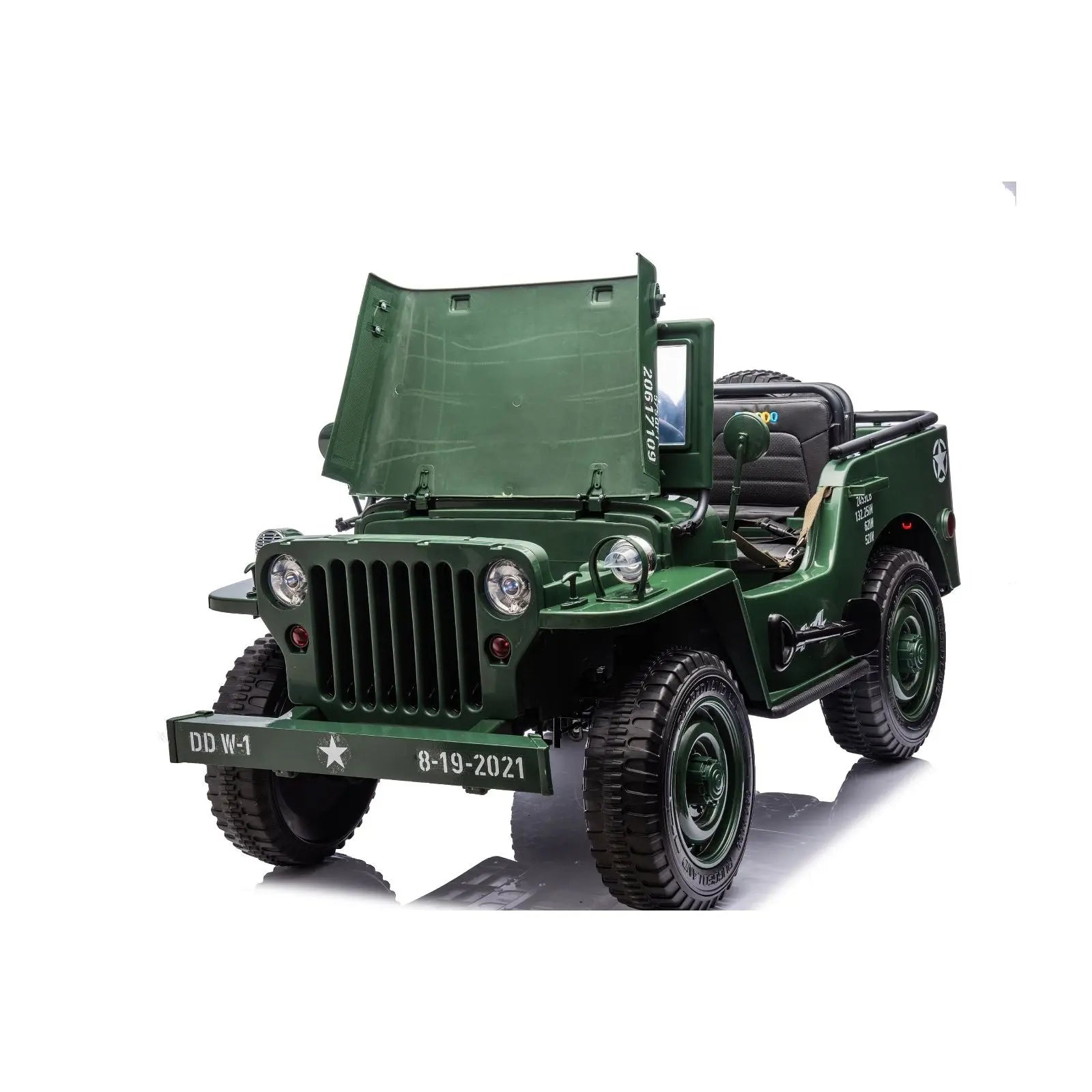 Green 24V military-style electric ride-on Jeep for kids with three seats and open hood