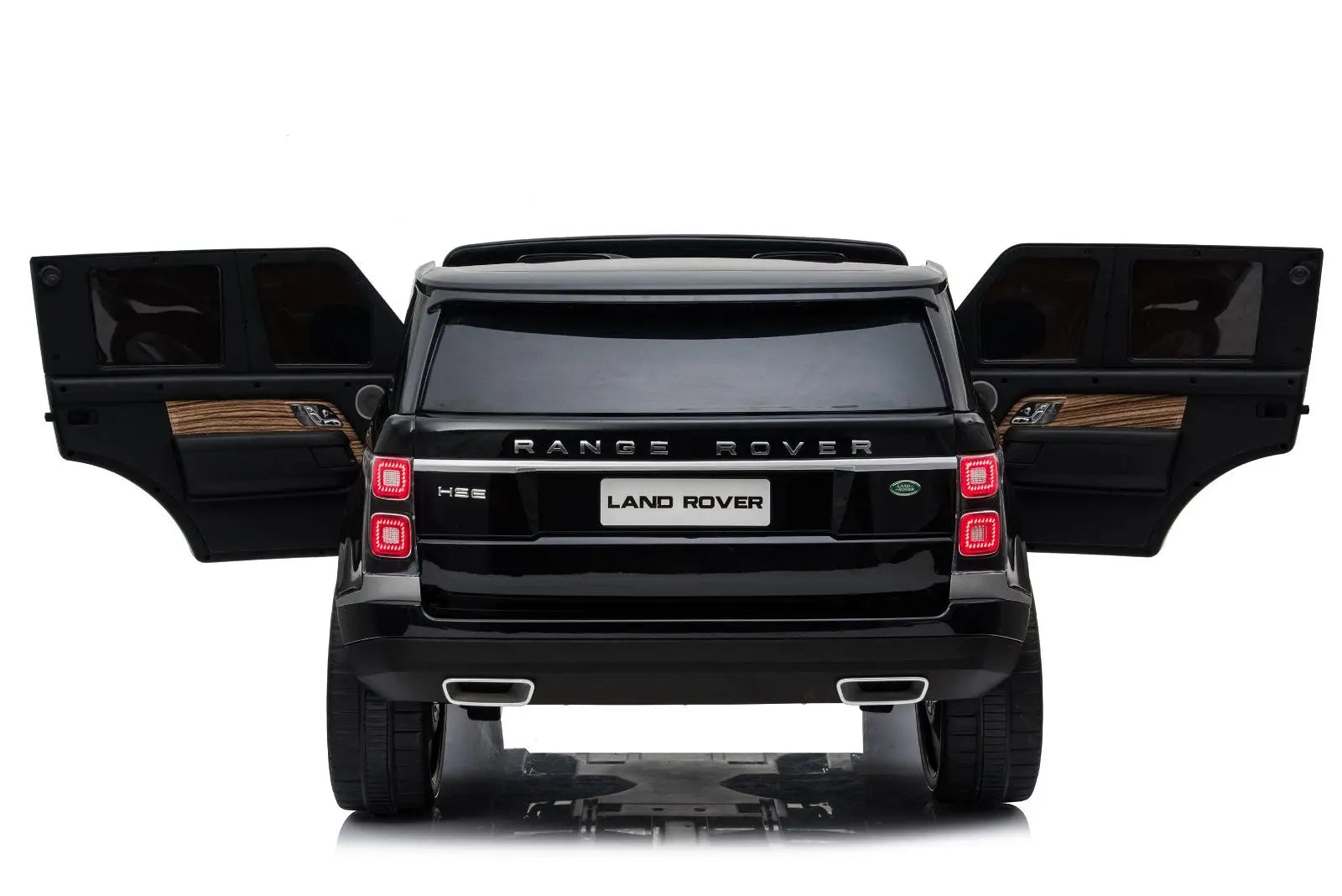 Black Range Rover HSE ride-on toy car for kids, rear view with both doors open