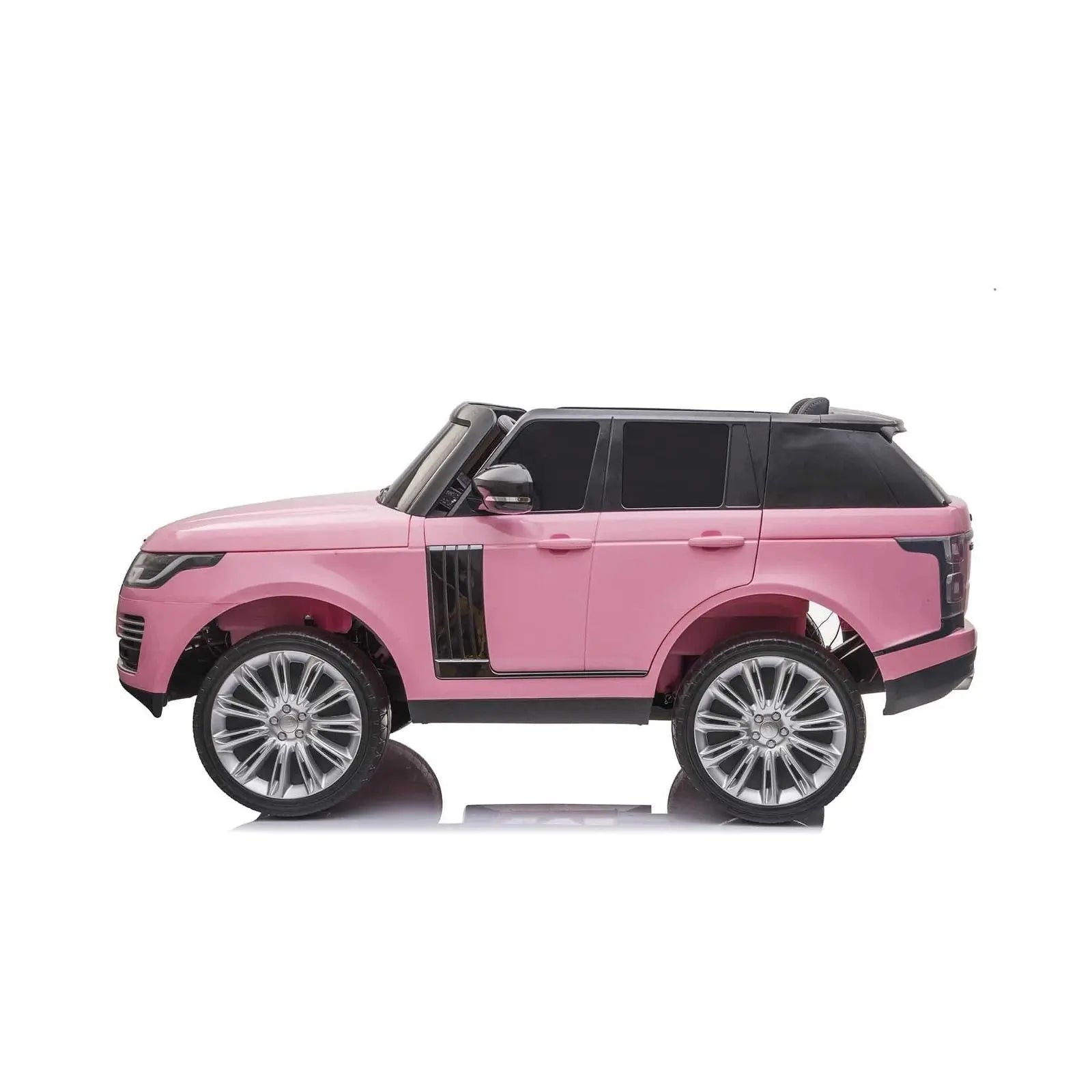 Pink 2-seater kids ride-on Range Rover SUV with black accents on white background