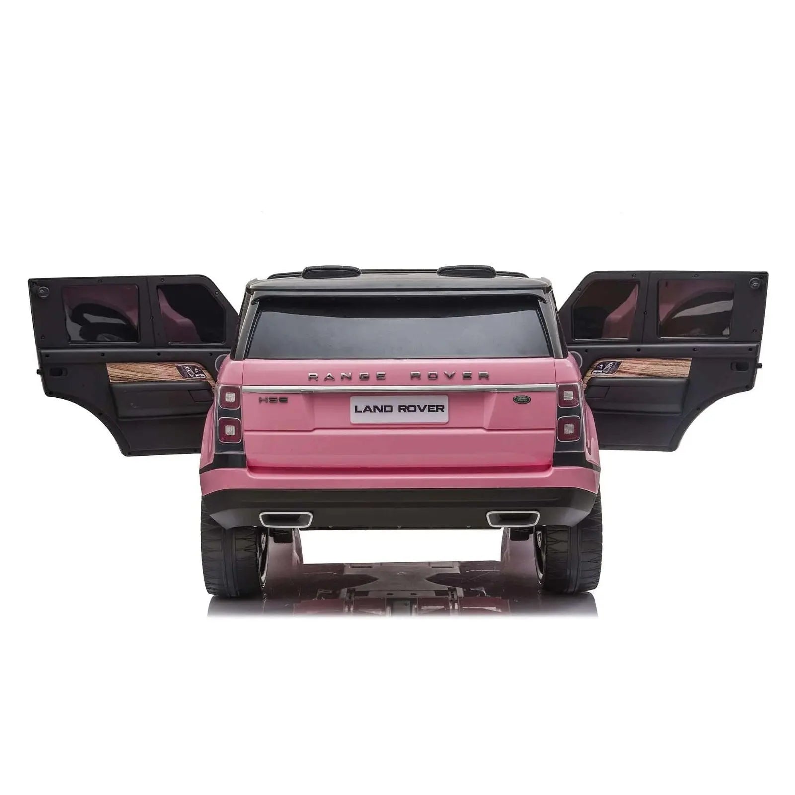 Pink Range Rover HSE 2-seater ride-on toy car with open doors, rear view