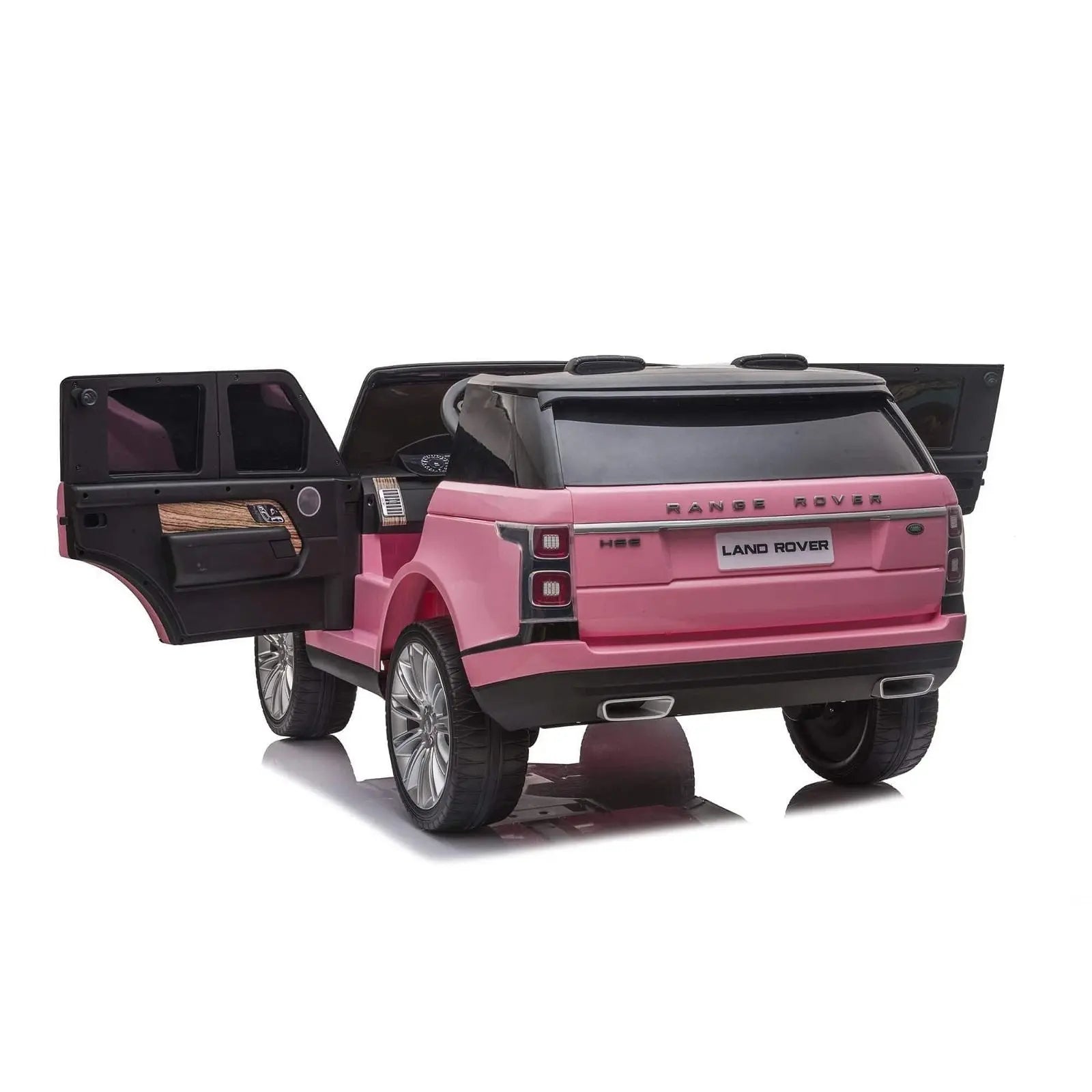 Pink 2-seater Range Rover HSE ride-on toy car with open doors, rear view