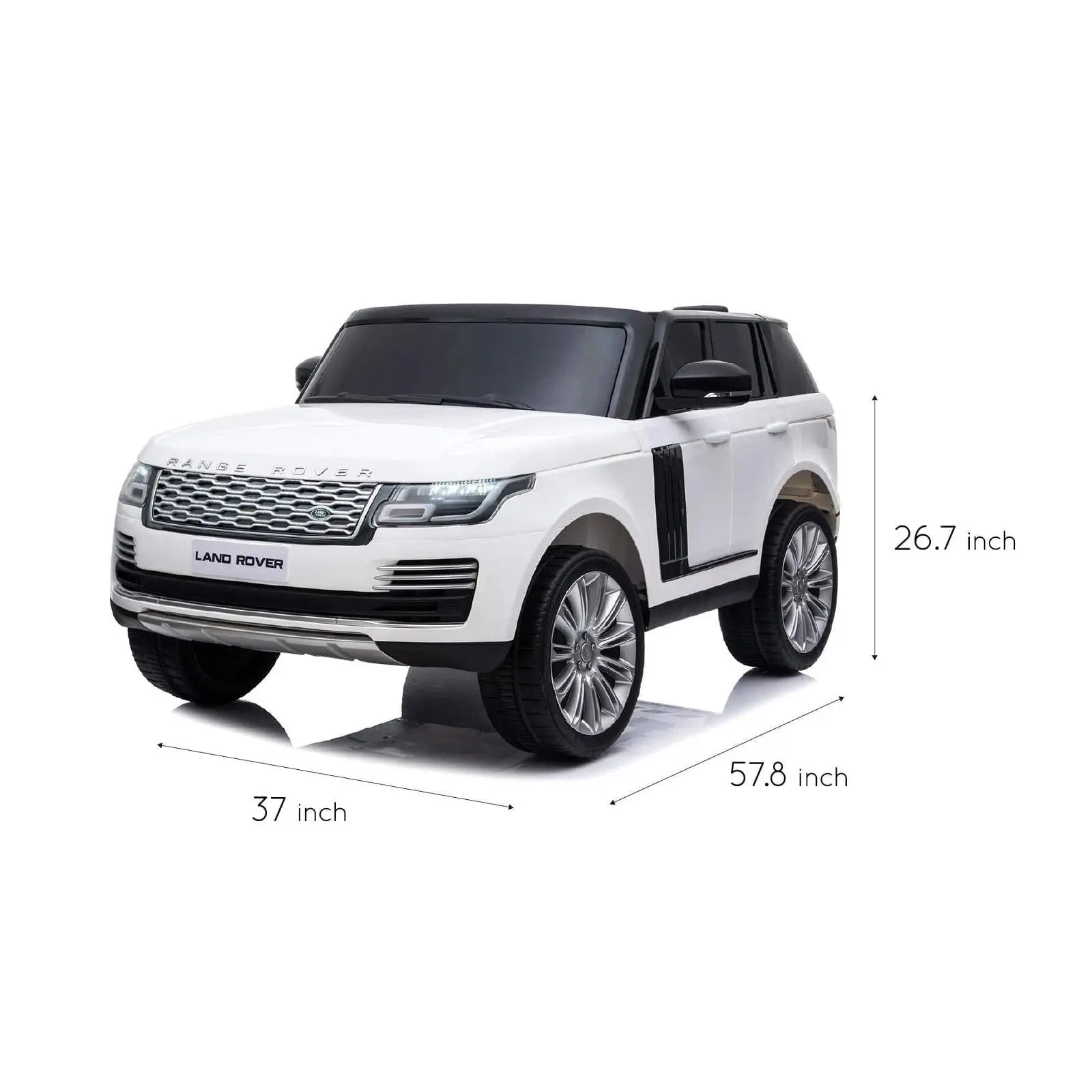 White 2-seater Range Rover kids ride-on toy car with dimensions in inches shown.