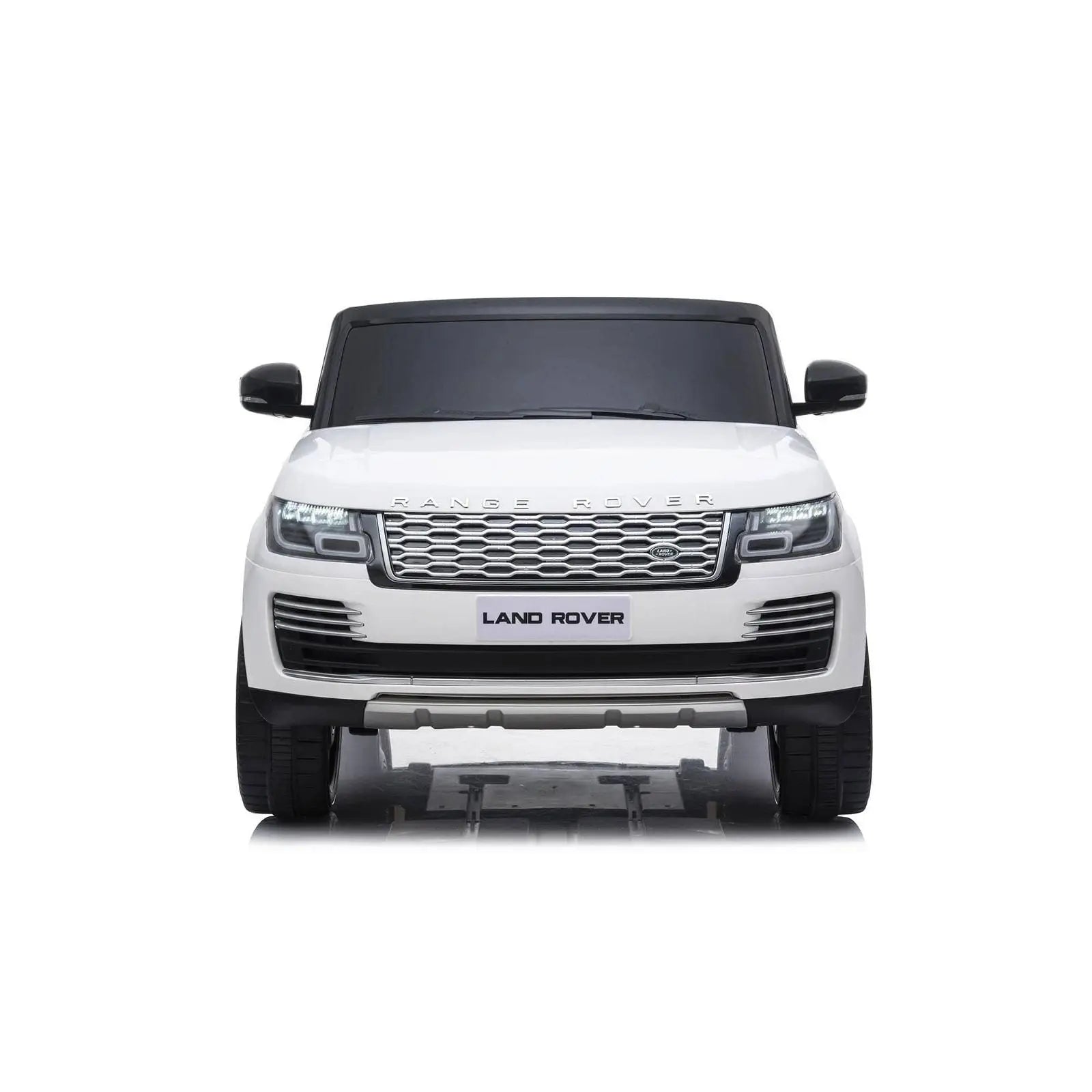 White 2-seater Range Rover HSE ride-on toy car, front view, with detailed grille and headlights.