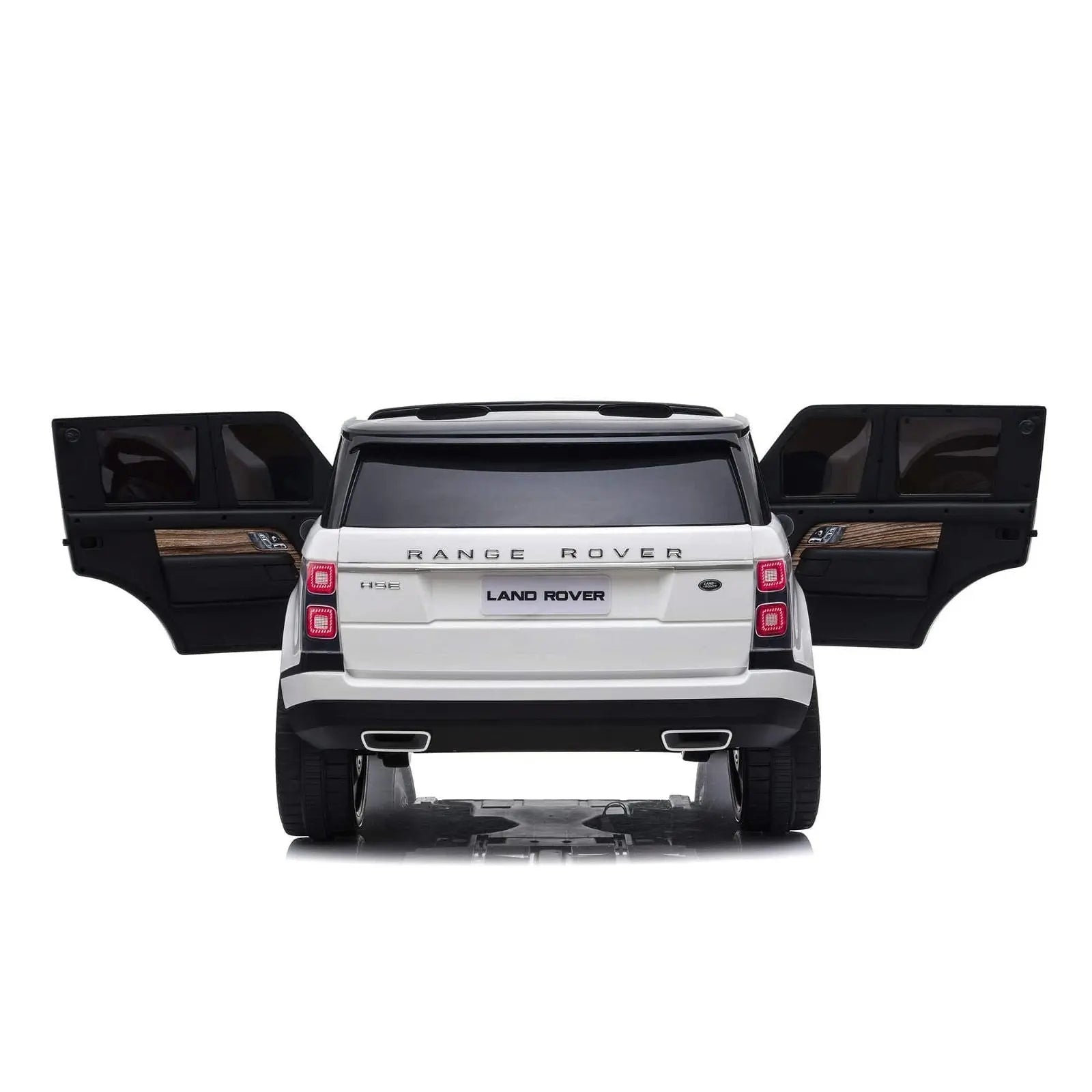 White 2-seater kids Range Rover ride-on car with open doors, rear view
