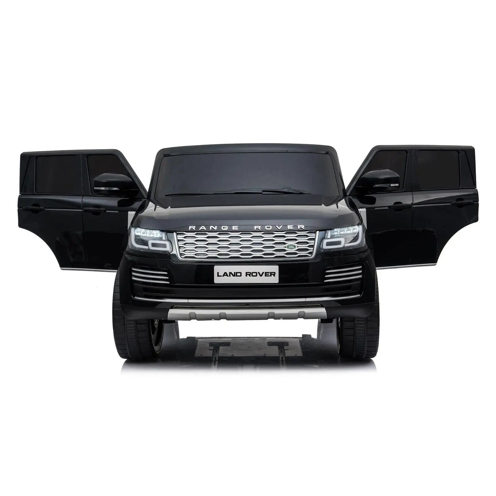 Black 24V Range Rover HSE 2-seater ride-on toy car with open doors, front view