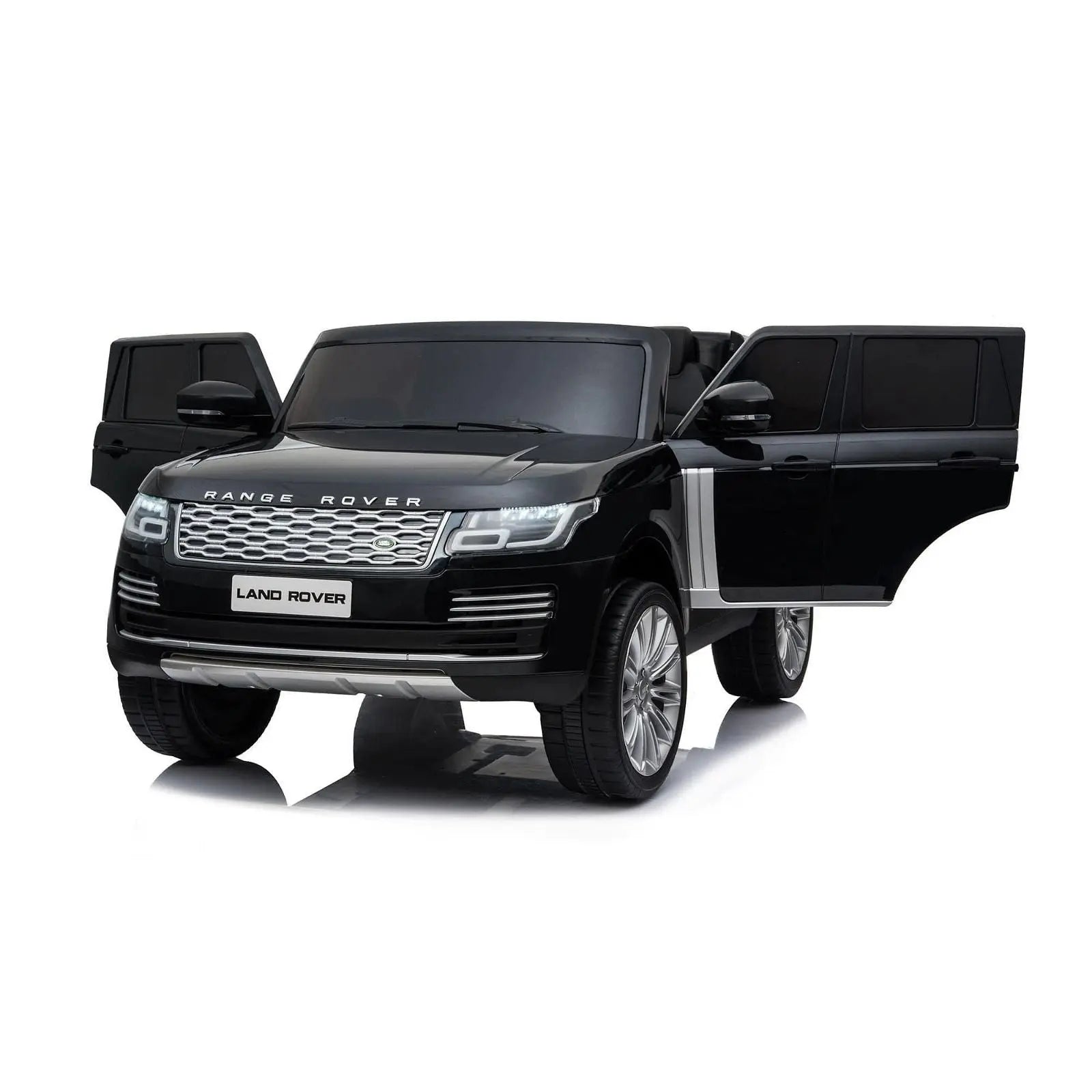Black Range Rover HSE 2-seater kids ride-on car with open doors, front view.