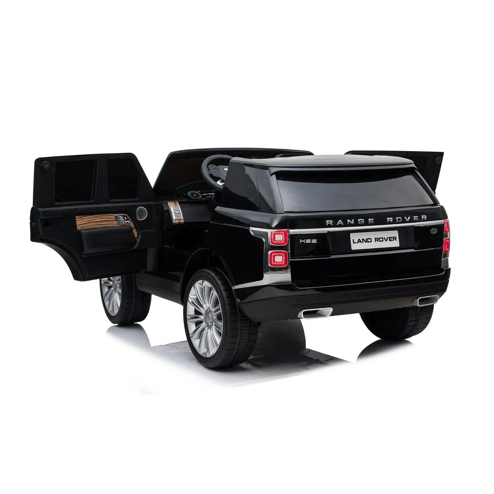 Black 2-seater Range Rover ride-on toy car with open doors, rear view, toy vehicle details