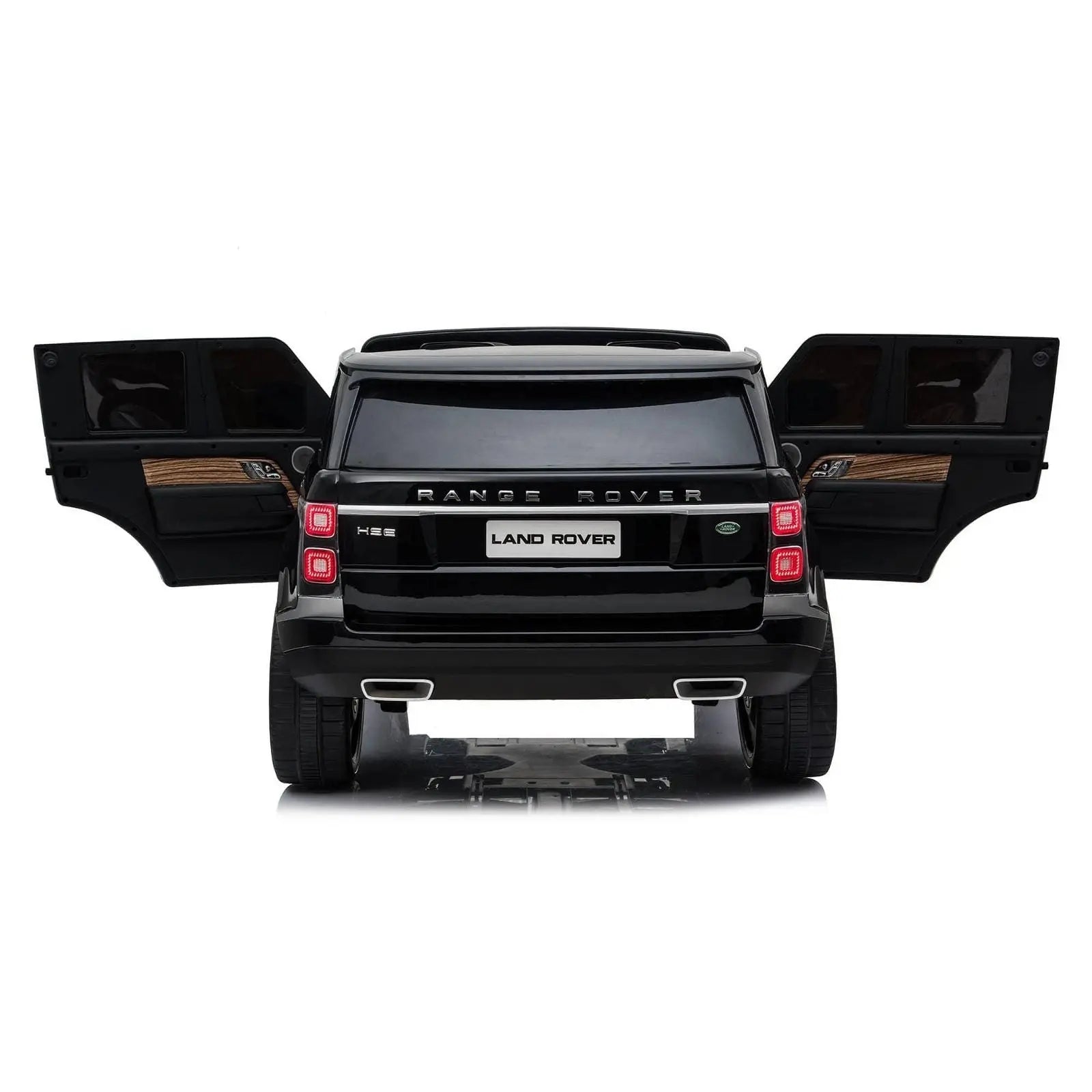 Black Range Rover HSE kids ride-on car with open doors, rear view on white background