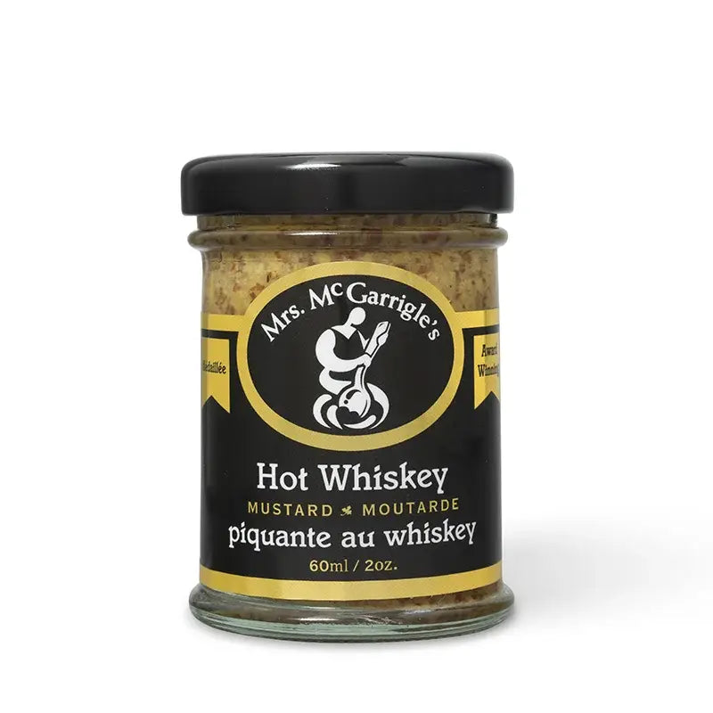 Mrs. McGarrigle's Hot Whiskey mustard jar, gourmet condiment 60ml size, front view