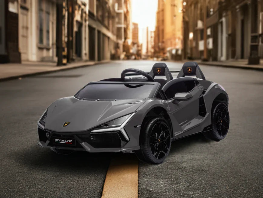 Gray kids ride-on Lamborghini toy car parked on empty city street
