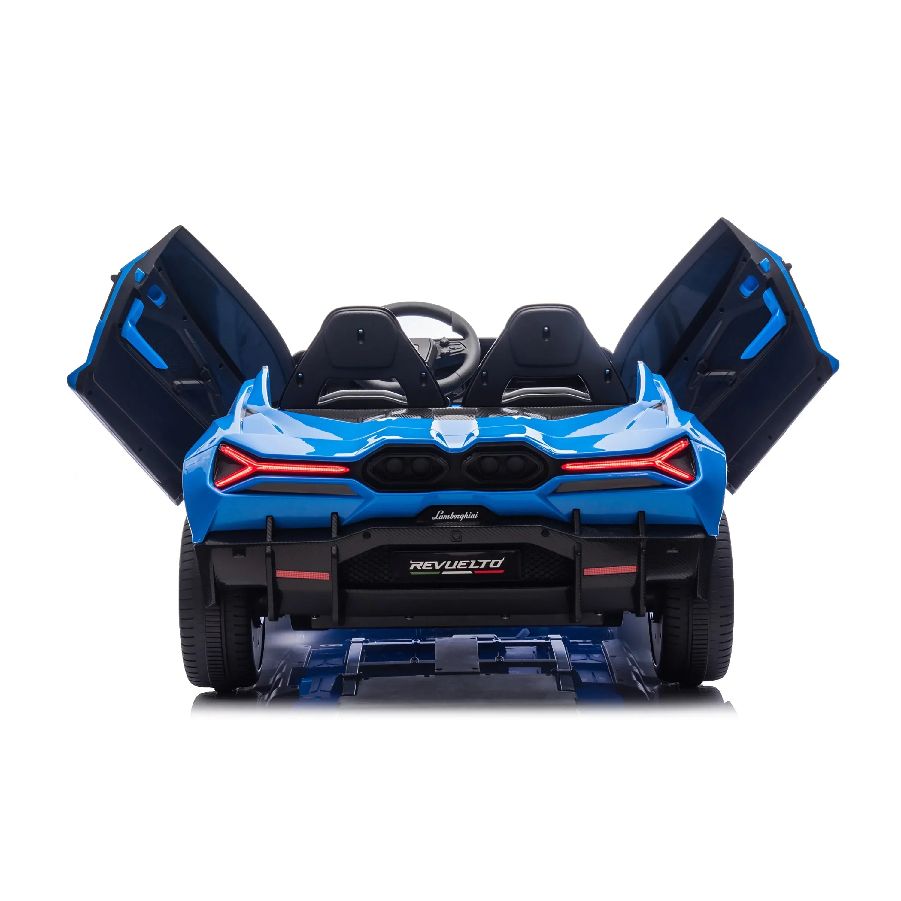 Blue Lamborghini Revuelto kids ride-on car with scissor doors open, rear view
