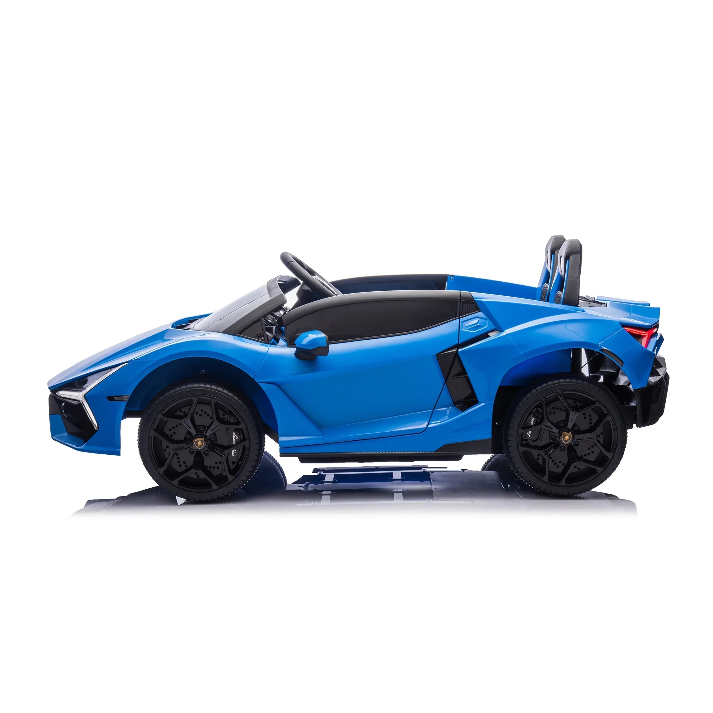 Blue kids ride-on sports car toy with black wheels, side profile on white background